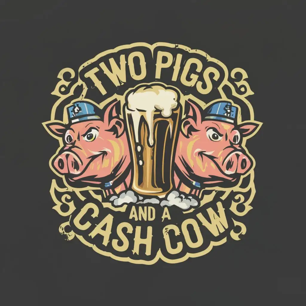 logo, Beer Keg Two police Pigs Cash Cow, with the text "Two Pigs and a Cash Cow", typography, be used in Religious industry
white background