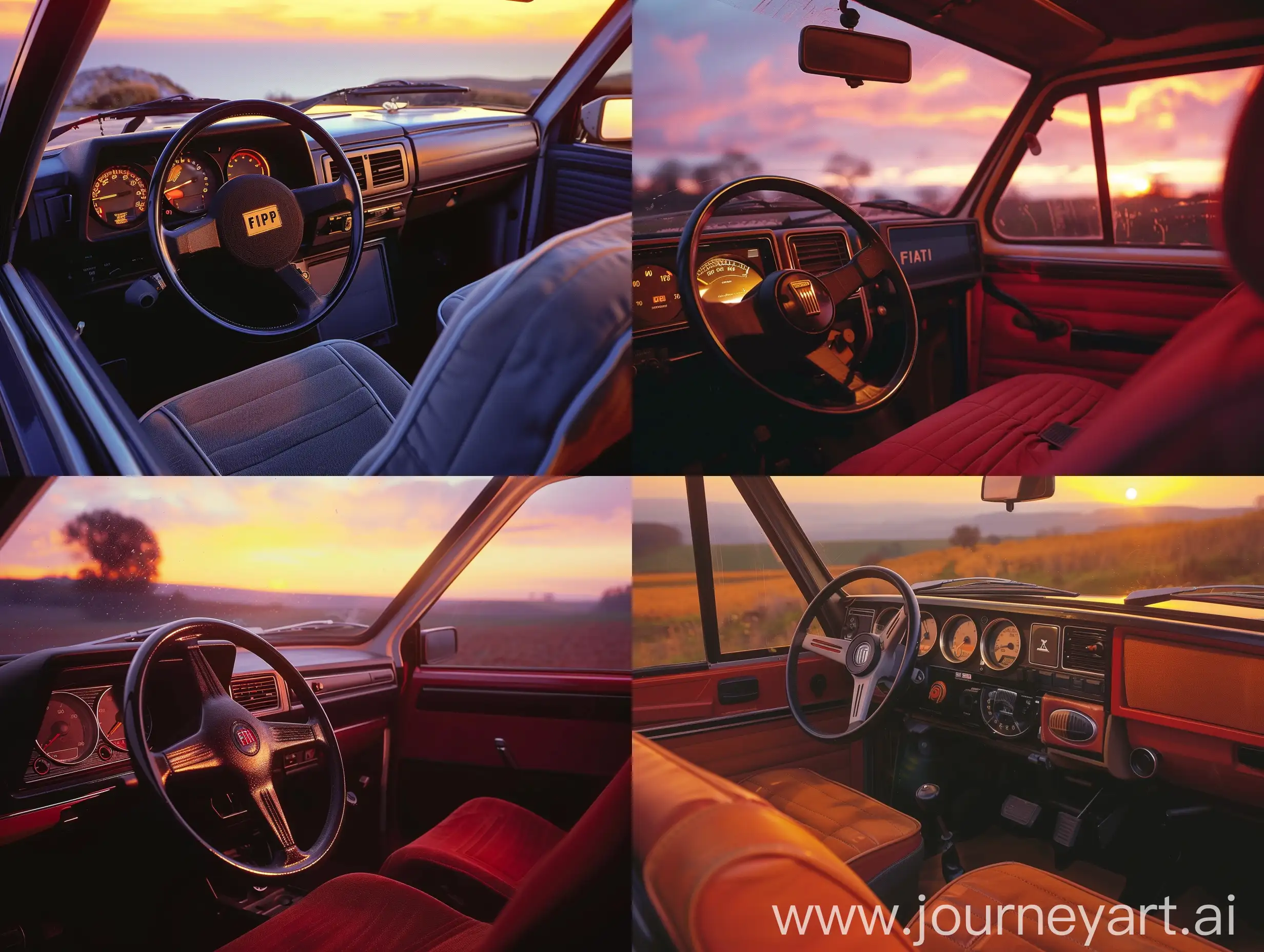 Fiat 126p car dashboard close up and seats sunset