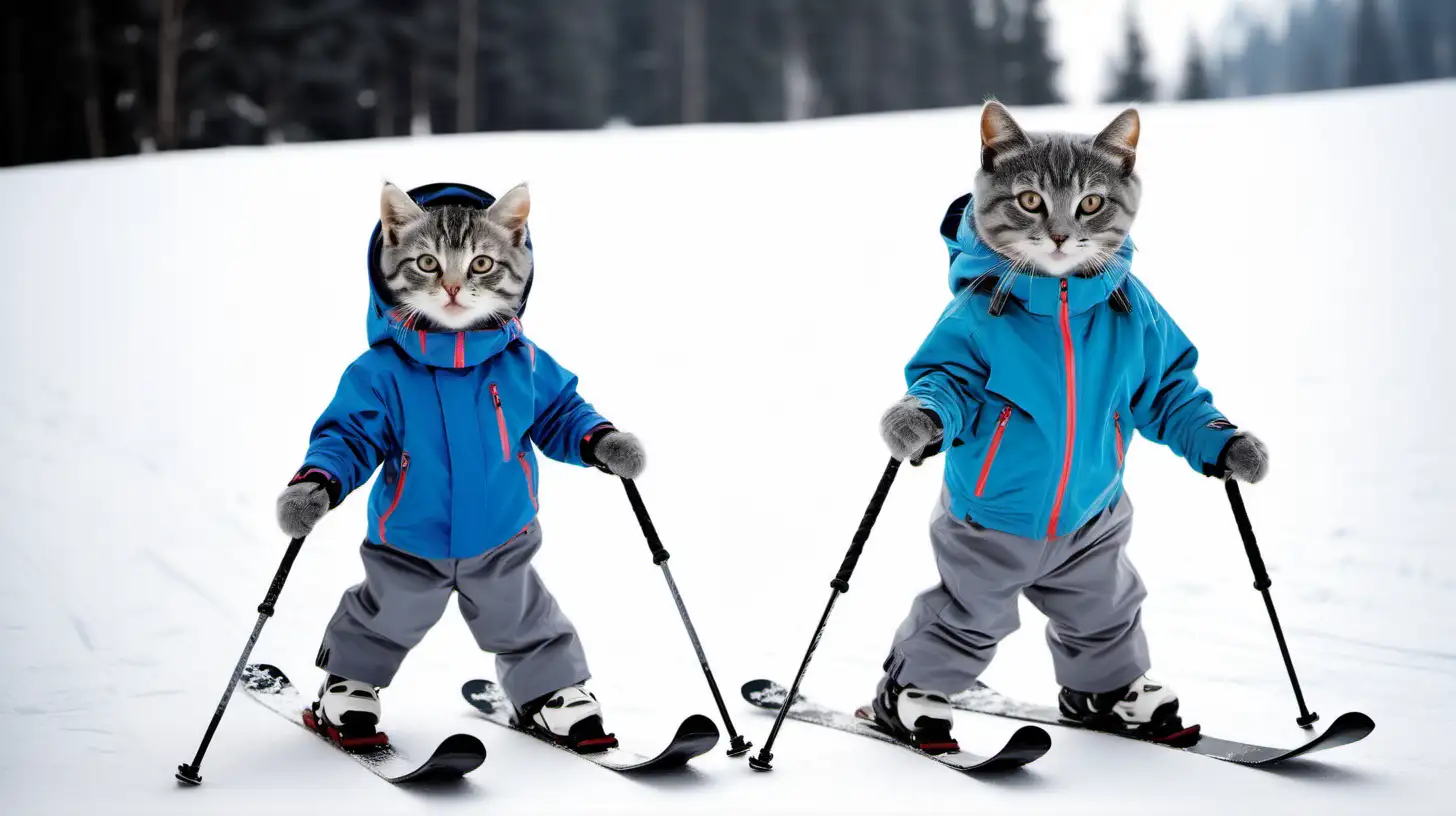 Gray Kitten and Mother Cat Skiing Together in Matching Ski Suits