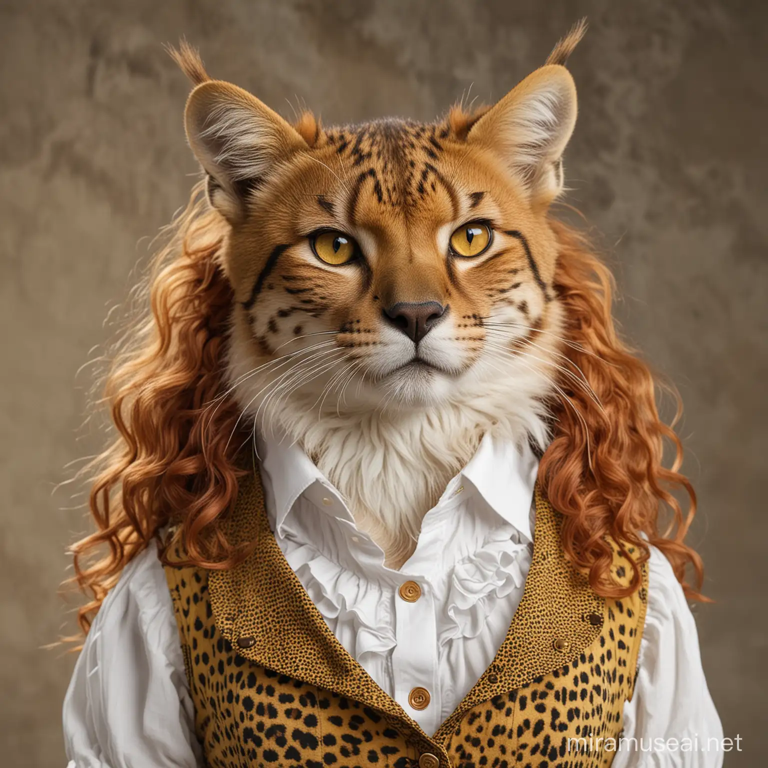 female Tabaxi with cheetah spots. She has long, thick, wavy red hair, yellow eyes. She is wearing a white ruffled shirt and a brown waistcoat.