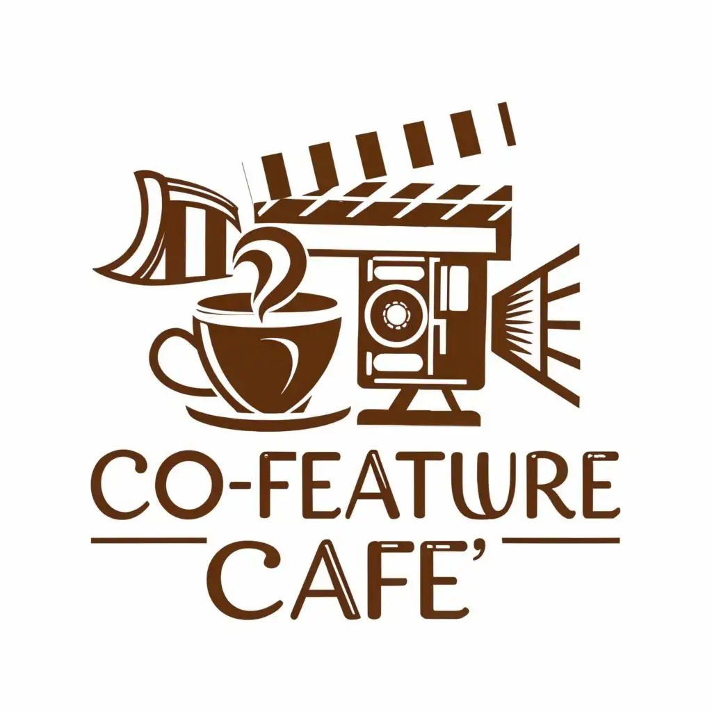 logo, Cup of coffee, movie camera, with the text "Cofeature Cafe", typography, be used in Restaurant industry