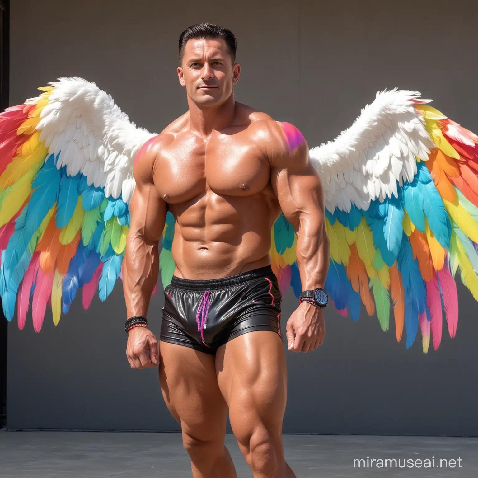 Muscular 40s Bodybuilder Flexing in Colorful Rainbow Wings Jacket with Doraemon
