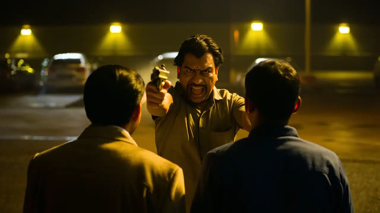 a angry Indian man firing in front of two men, shot from behind, wide angle shot, a car park in background, night view