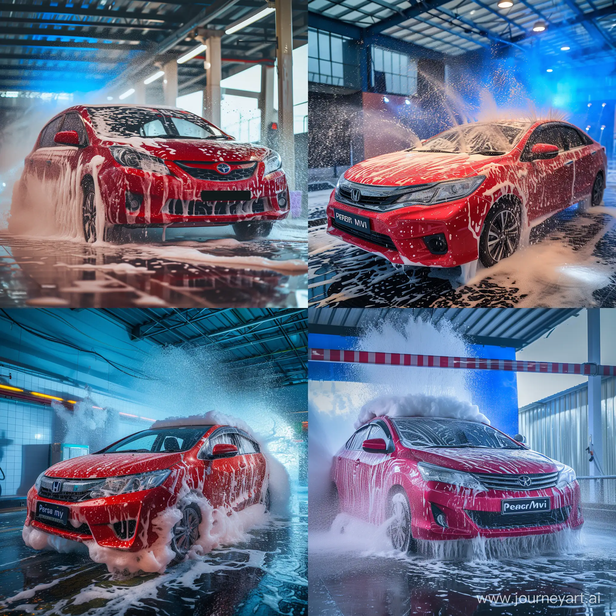Ultra realistic,a red Perodua Myvi car that is being washed at the carwash. There is a lot of foam and water spray. a modern carwash. there is a blue light behind. canon eos-id x mark iii dslr --v 6.0