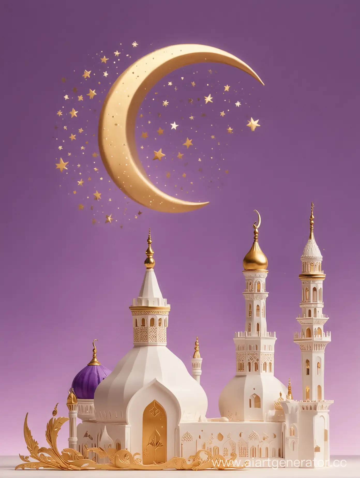 golden and purple Ramadan scene with a crescent moon, minaret, mehrab, and star, white background