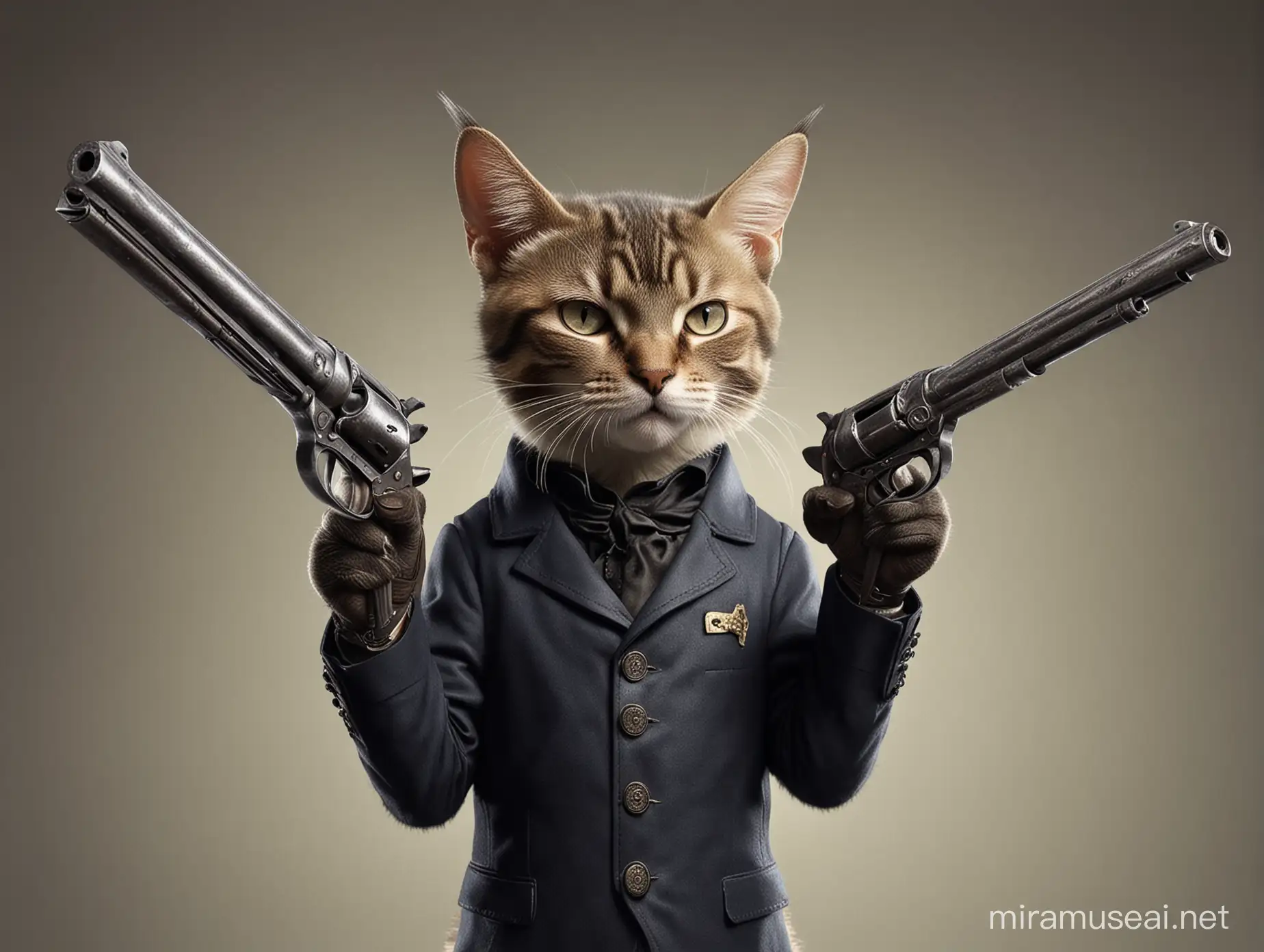 Sleek Cat Holding a Pointed Revolver