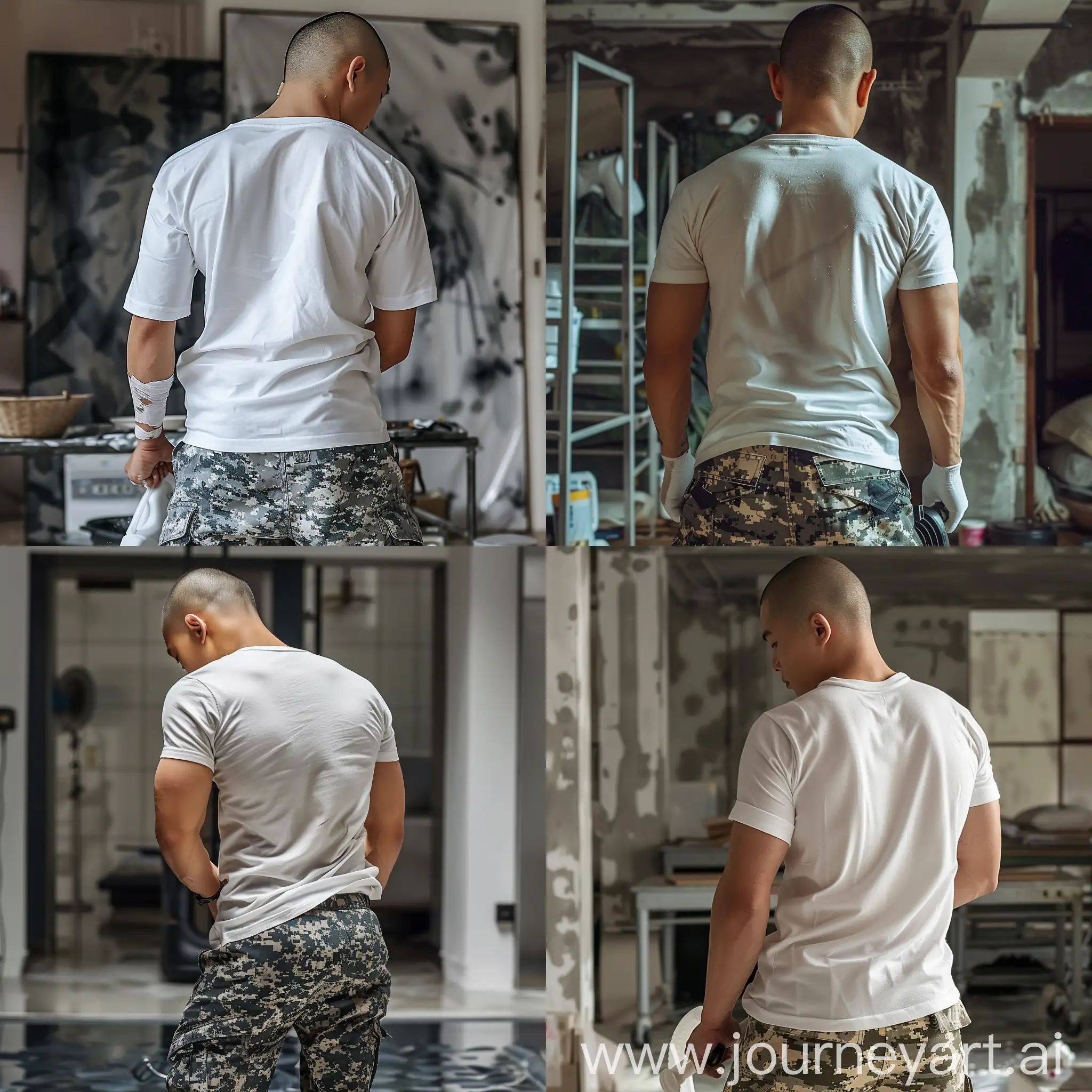 Back angle of an asian male fit soldier wearing a white T-shirt and military camouflage pants, scrubbing the floor, back view, with short bald black hair, military male bald crew haircut, An apartment background