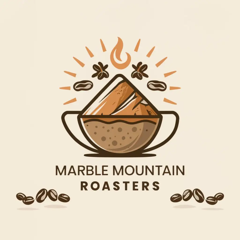 LOGO-Design-for-Marble-Mountain-Roasters-Rustic-Coffee-Cup-Mountain-Silhouette-with-Sunburst