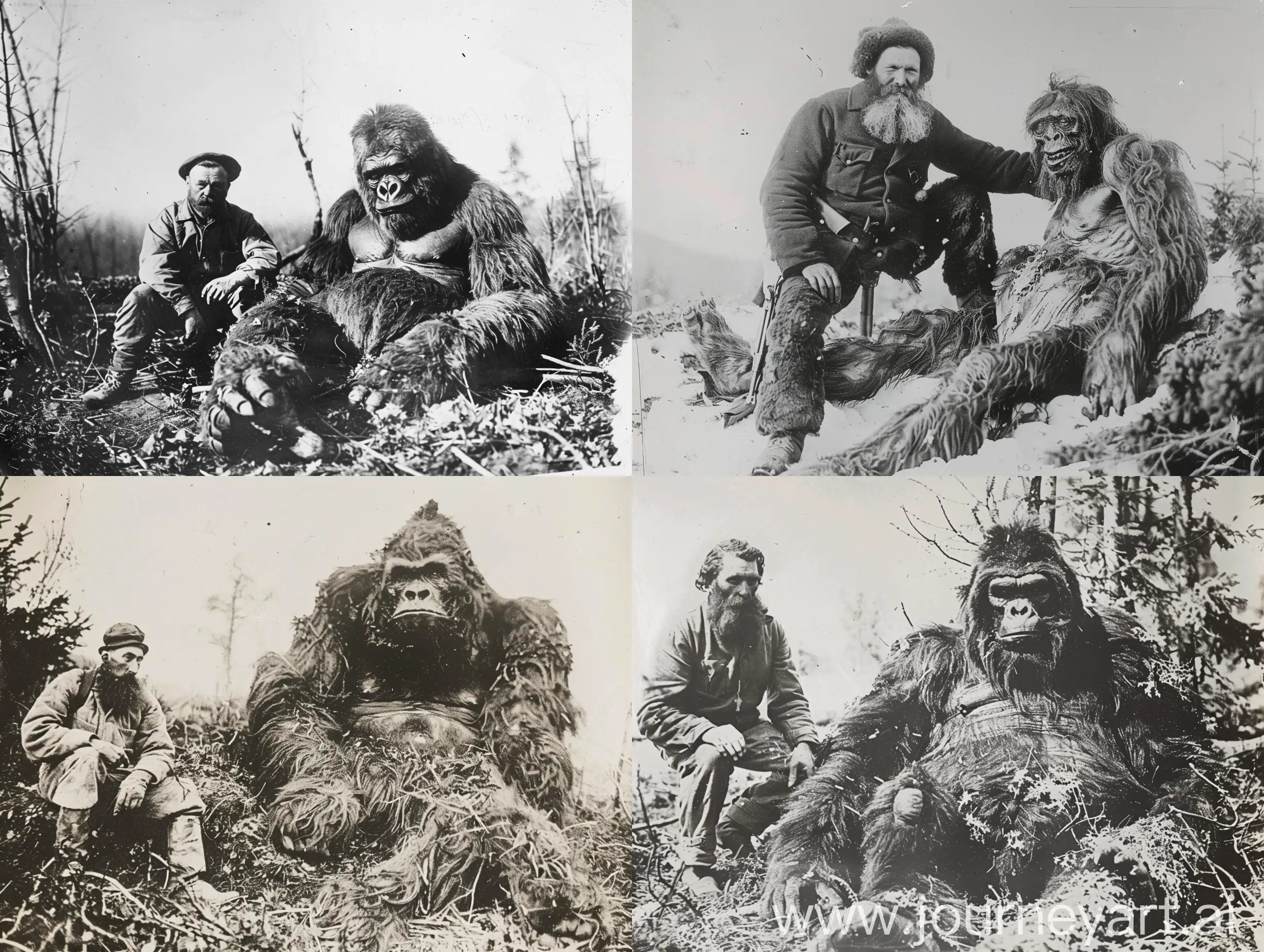  XIX-century black-and-white photo of russian hunter posing near giant corpse of killed yeti. 