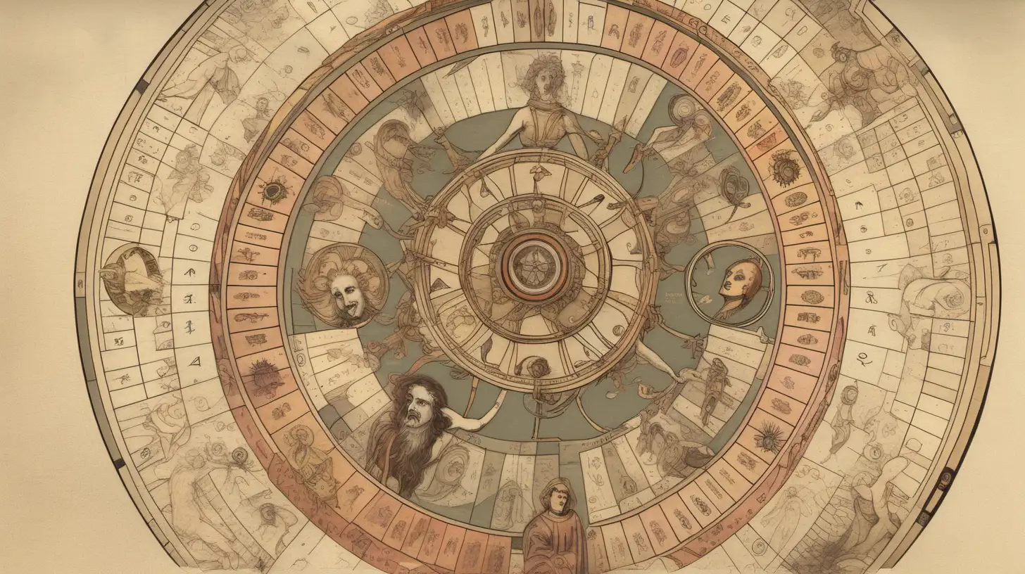Astrological Wheel with Human Faces Flying Mystical Celestial Artwork