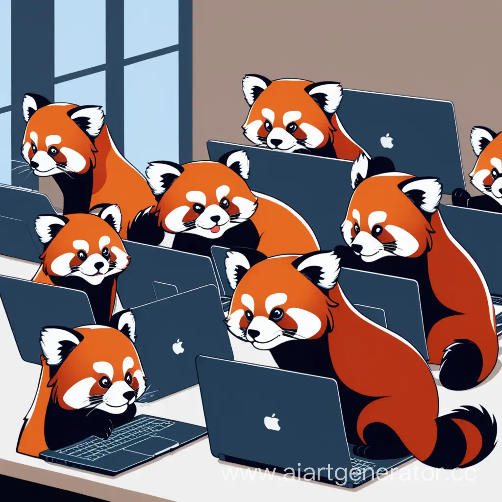 Group-of-Seven-Red-Pandas-Working-on-Laptops