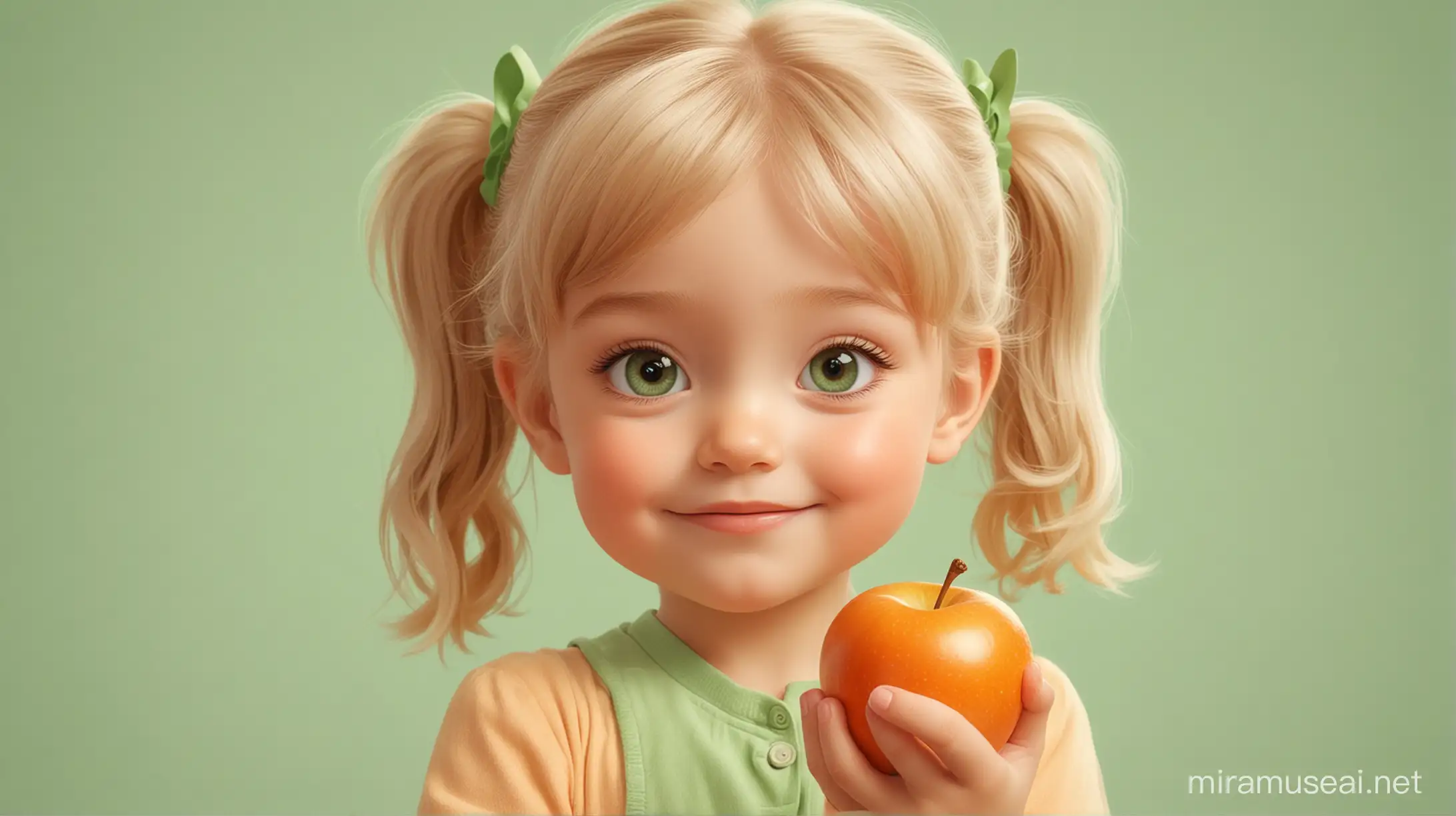 Ребёнок с яблоком. Мультипликационный стиль Disney. Пастельные оттенки. Сплошная заливка фона. Оранжевый, белый, зелёный.