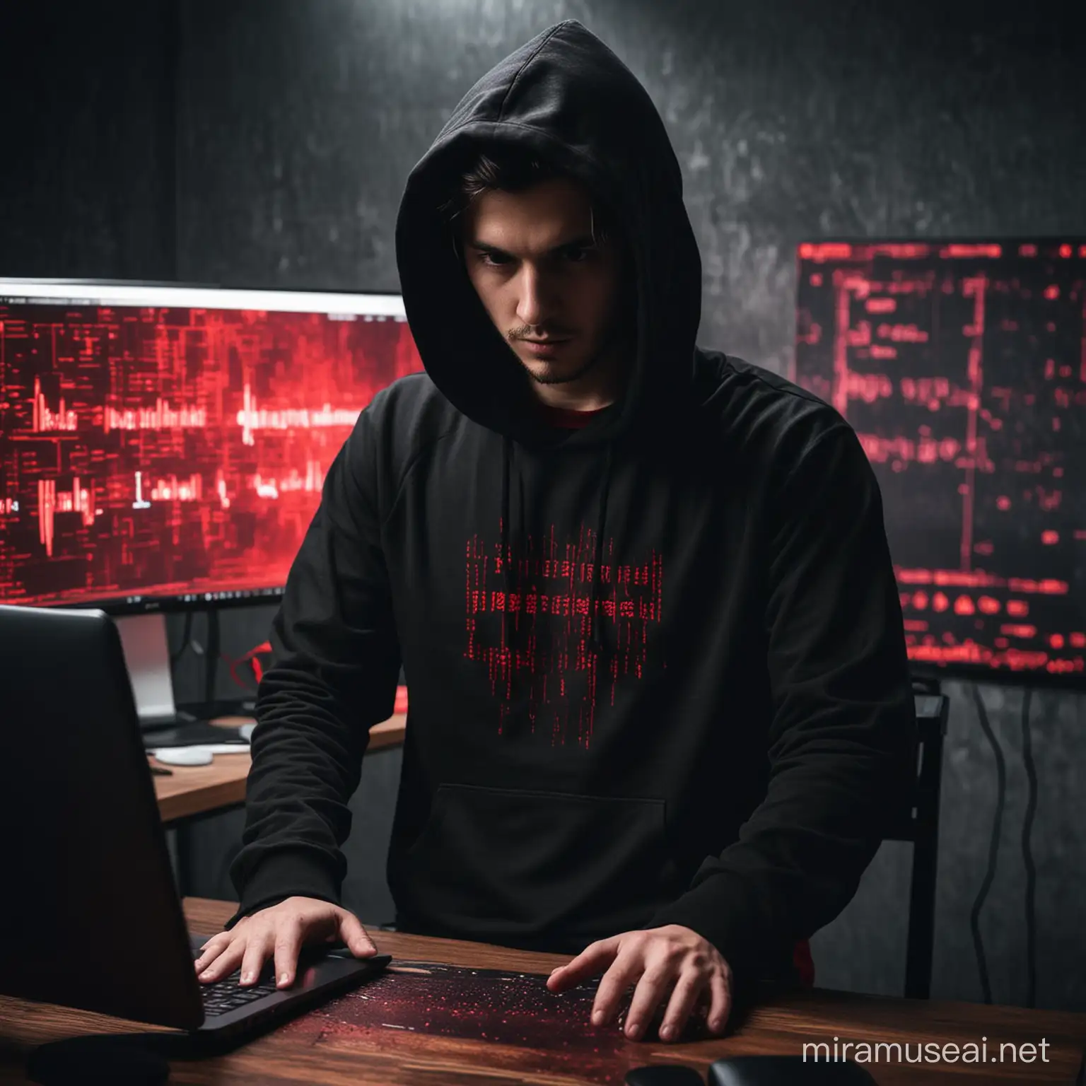 Cyberpunk Hacker in Black Hoodie with Red Energy