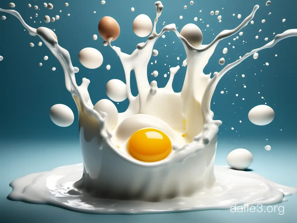 The ocean of milk, the white ocean of milk, with eggs floating on it, milk and egg liquid colliding, splashing liquid, with egg yolk falling from the air.