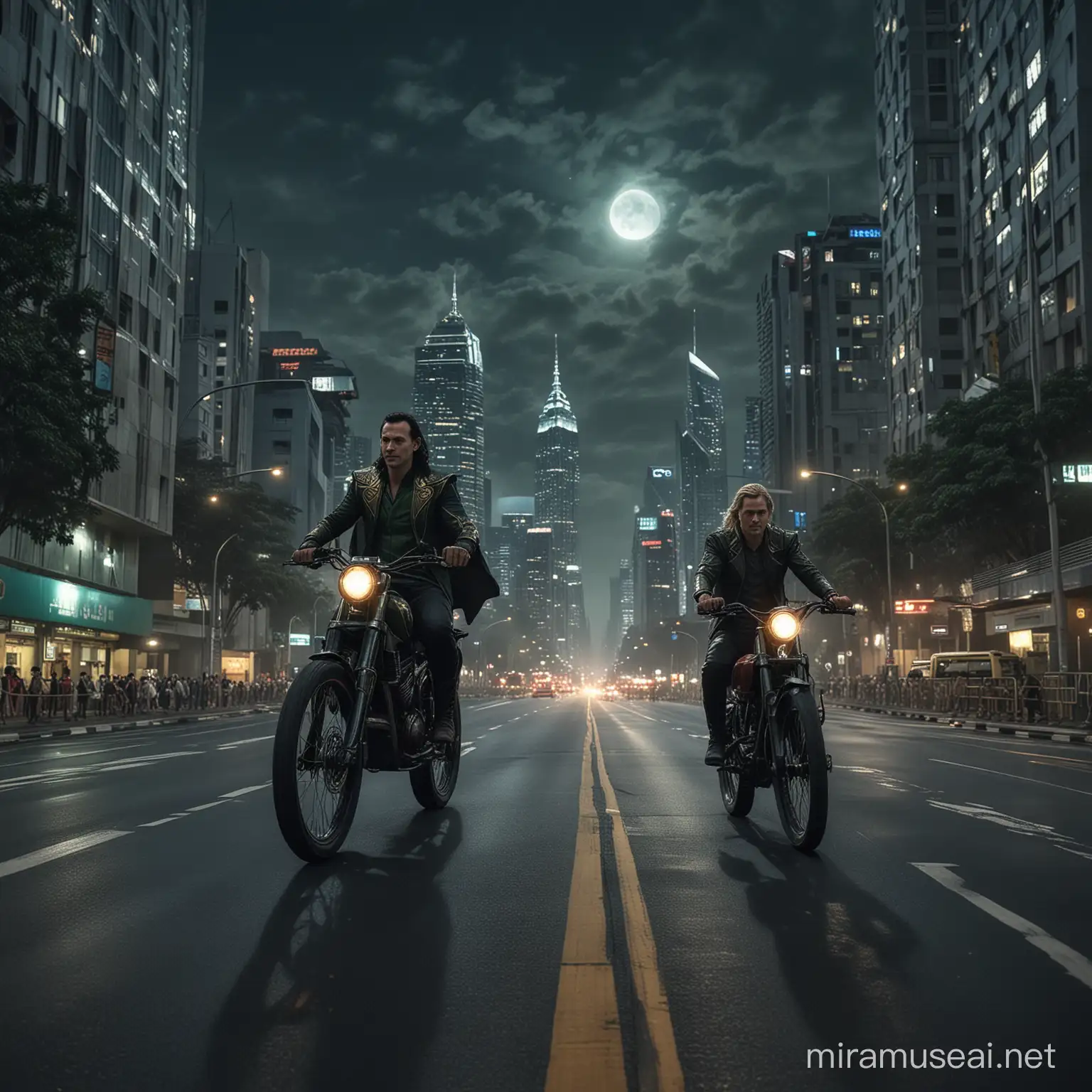 give me a realistic image of loki laufeyson and thor odinson from marvel cinematic universe, in this picture they are ride a bike in jakarta road in the night. they ride a bike with tall building around them and there is a crescent moont behind them. there is a busway transjakarta on the road and also mrt. they are enjoy the view of jakarta 