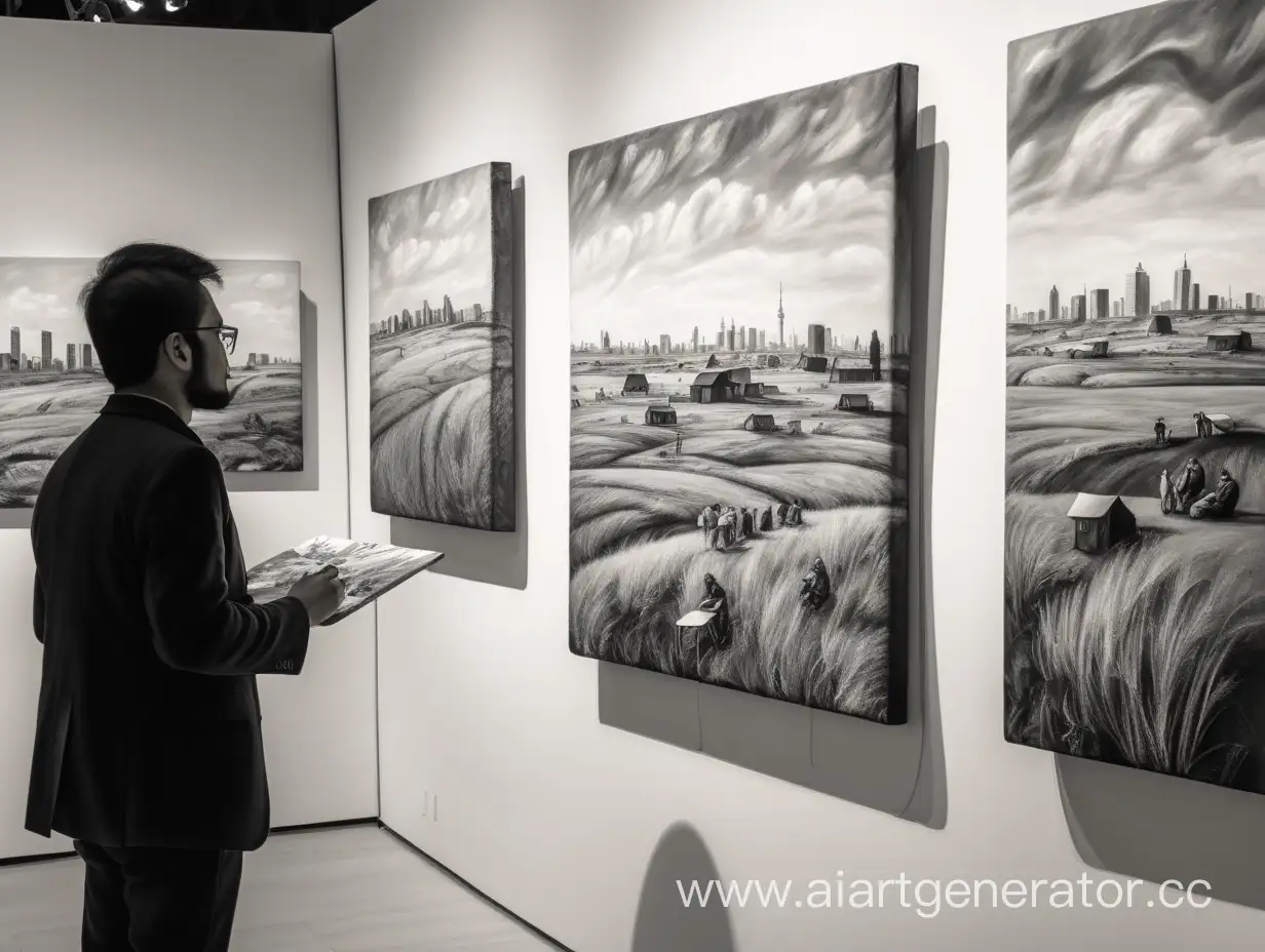 Enthusiastic-Spectators-Admiring-Artists-Steppe-and-City-Landscapes-in-Light-Black-and-White-Drawings