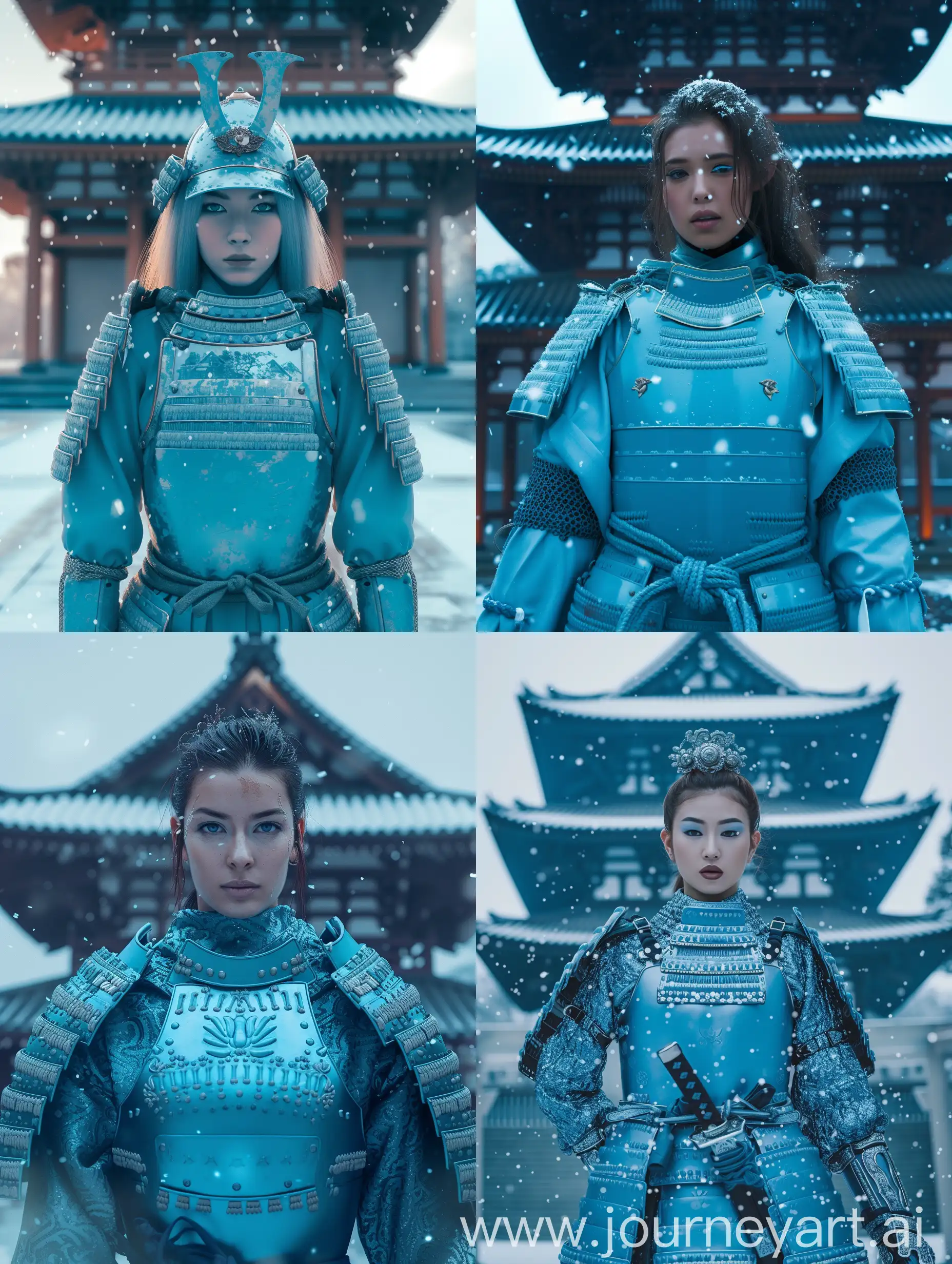 Character: A captivating and beautiful female samurai warrior, adorned in a resplendent ō-yoroi armor shining in a bright light blue hue, exuding elegance and strength.
Environment: The majestic backdrop of a Japanese temple, enveloped in tradition and serenity.
Background: A frontal view of a symmetrical Japanese temple, with its intricate architecture providing a harmonious setting for the scene.
Style: An opulent fashion editorial featuring the ō-yoroi armor in light blue, blending the timeless essence of the samurai with a contemporary twist.
Photography Type: Cinematic fashion editorial, capturing the essence of the blue ō-yoroi samurai warrior in a visually compelling manner.
Theme: A fashion editorial campaign celebrating the blue ō-yoroi samurai warrior, showcasing the fusion of tradition and modernity.
Visual Filters: Enhanced with a Fashion Film Look-Up Table (LUT), adding depth and richness to the visual narrative.
Camera Effects: Enriched with subtle camera blur, camera haze, and faithful representation of natural light to highlight the brilliance of the light blue armor.
Time: Set during a tranquil evening with light snowfall, creating a serene and enchanting atmosphere.
Resolution: Captured in high resolution, ensuring meticulous preservation of every intricate detail.
Key Element: The focal point is the bright light blue ō-yoroi armor, intricately detailed to capture natural light, enhancing its beauty and providing a stunning contrast against the temple backdrop.
Details: Rich and intricate, the bright light blue ō-yoroi armor features meticulously crafted details, reflecting the mastery of the artisans who created it and adding depth and presence to the character in the visual narrative.