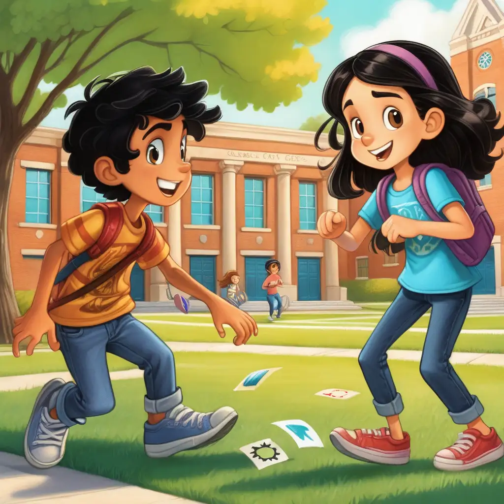 Children's book Characters. Black hair Boy and brunette girl playing game of tag on college campus