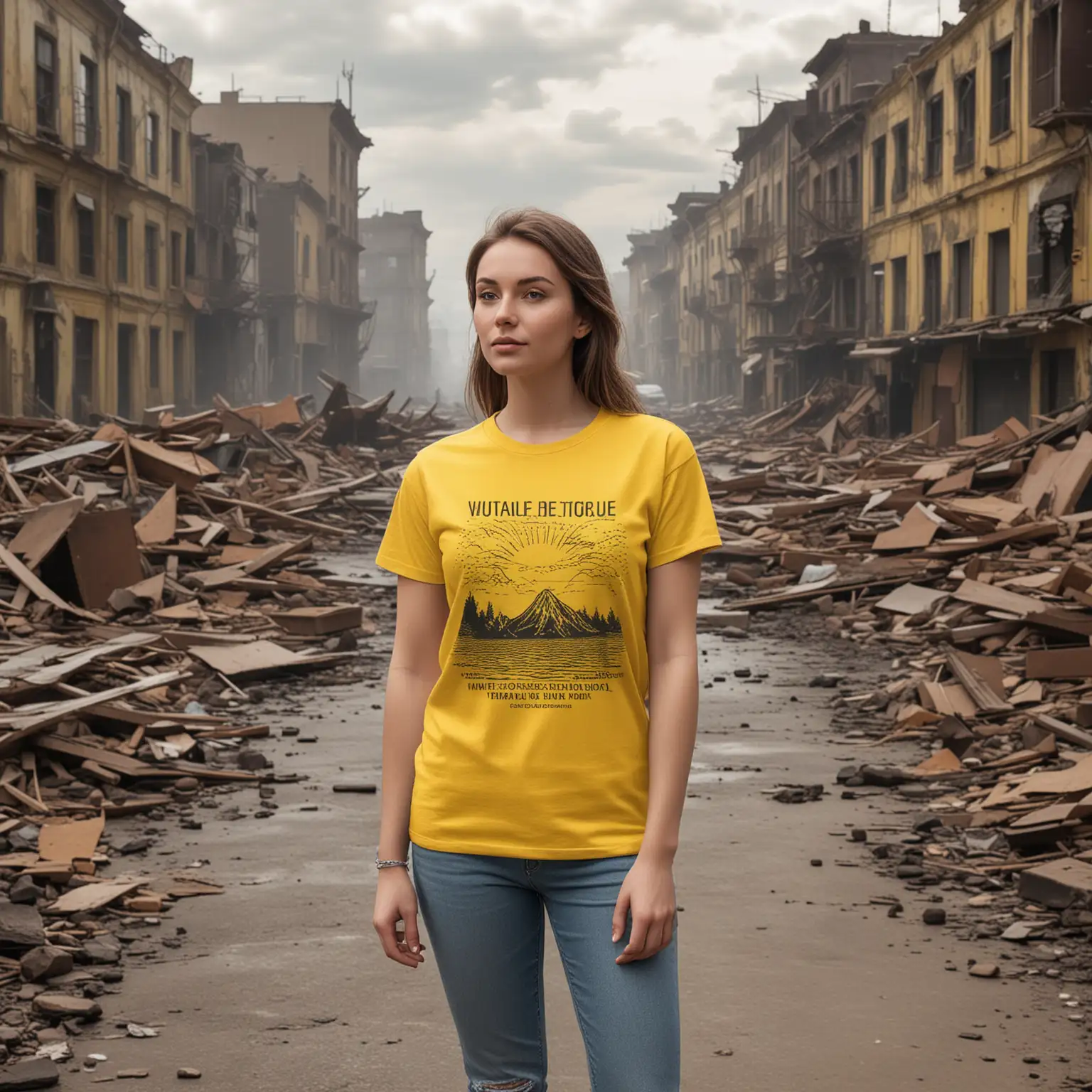 mockup for a  bright yellow tee.  the model should be female.  the background should look like the end of the world
