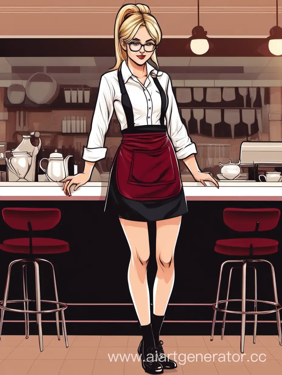 Молодая официантка со светлыми волосами в очках и белой рубашке с длинным рукавом и чёрной мини-юбке и чёрных туфлях и бордовом переднике, полный рост