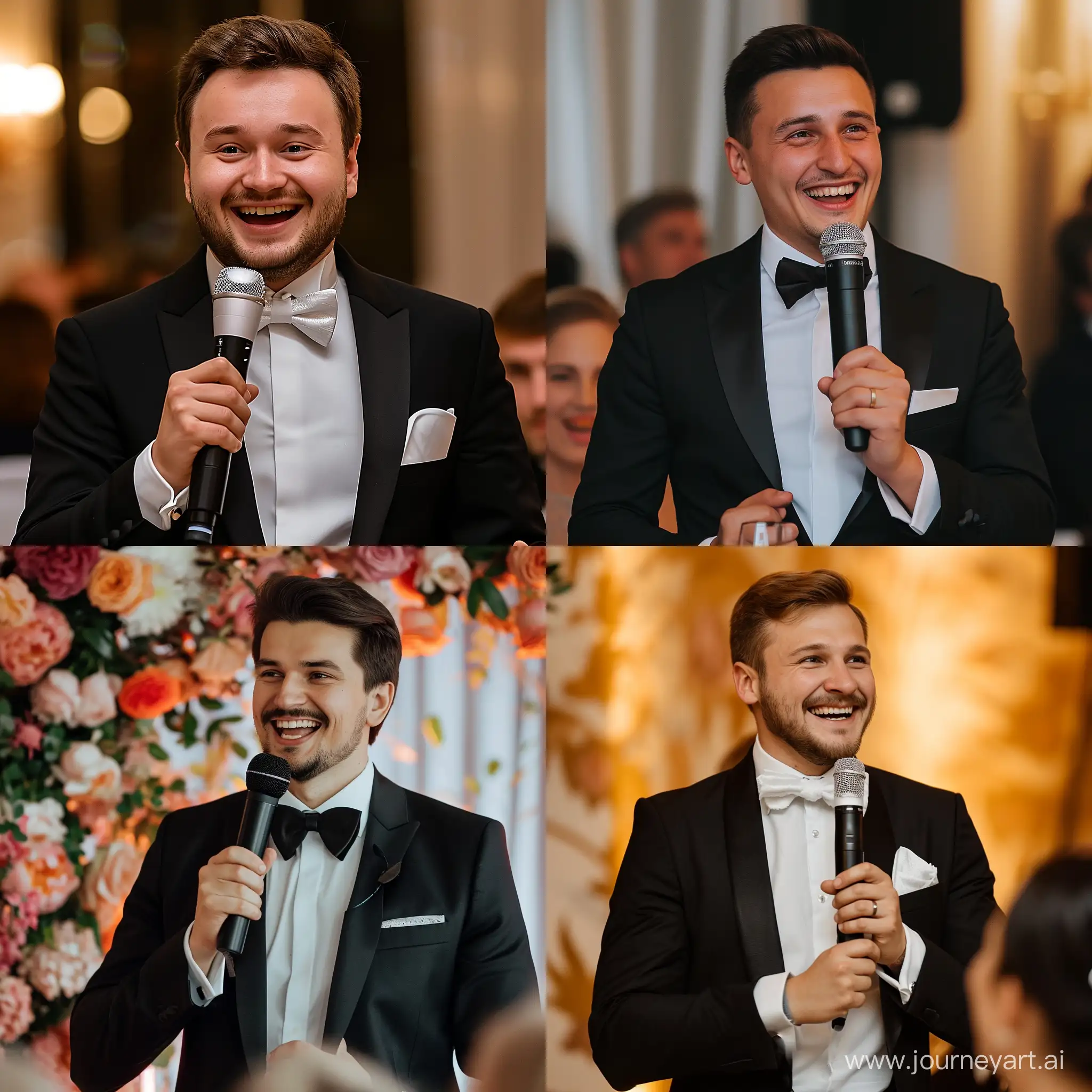 Ведущий на свадьбу Юрий Тунян в черном смокинге, в белой рубашке с галстуком бабочкой, улыбается и держит микрофон в руке