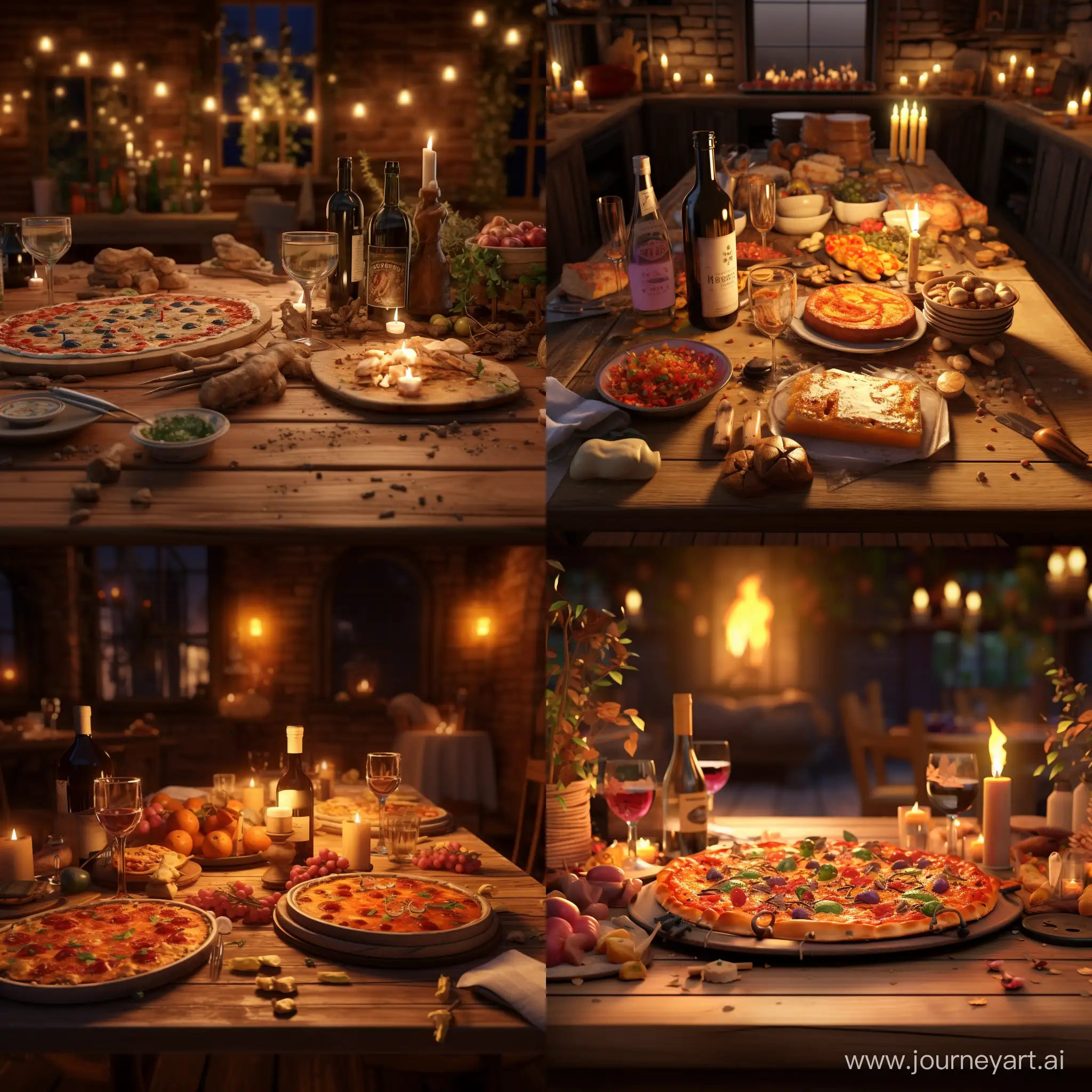 On a large wooden table there is an awful lot of pizza, candles and wine. 3d animation 