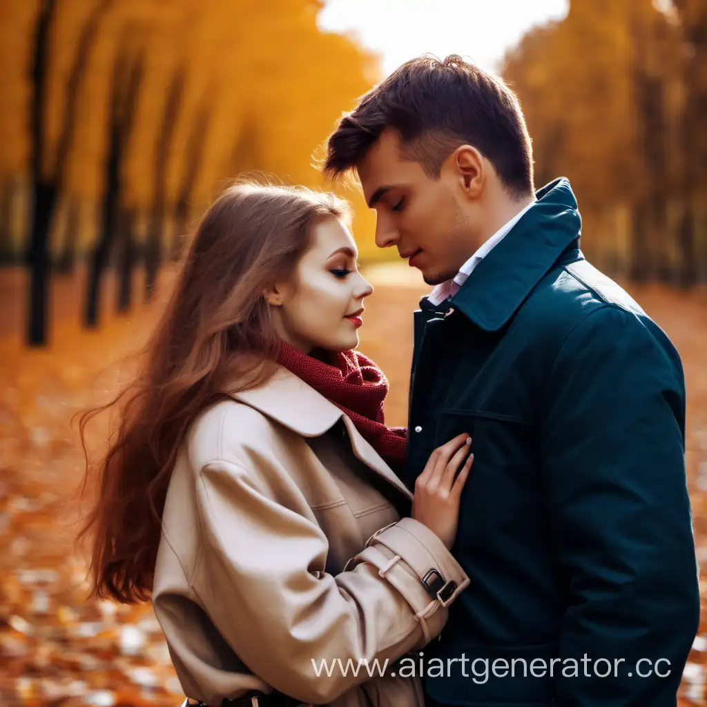 Девушка в пальто и мужчина  в куртке, влюблены, осенью