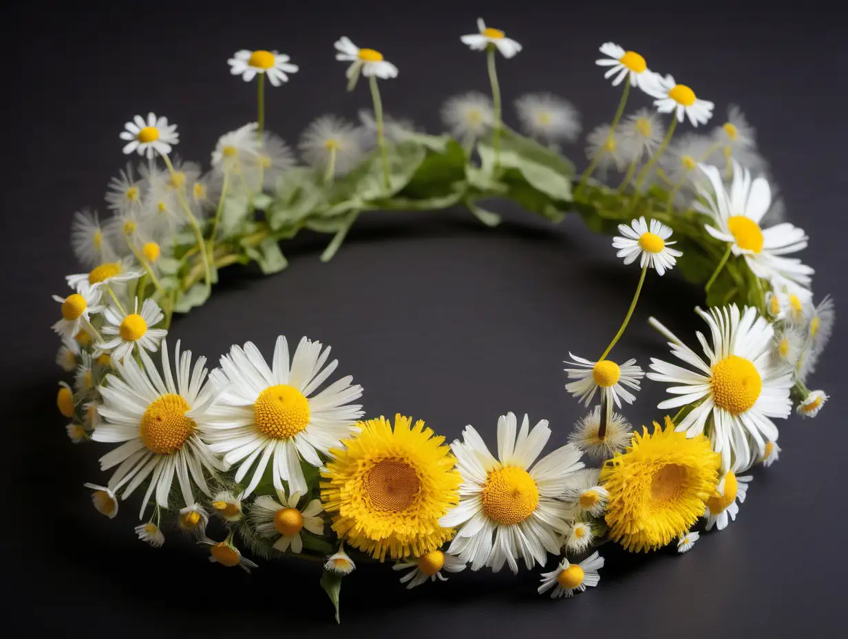 A crown of flowers made from dandelions and chamomile flowers





