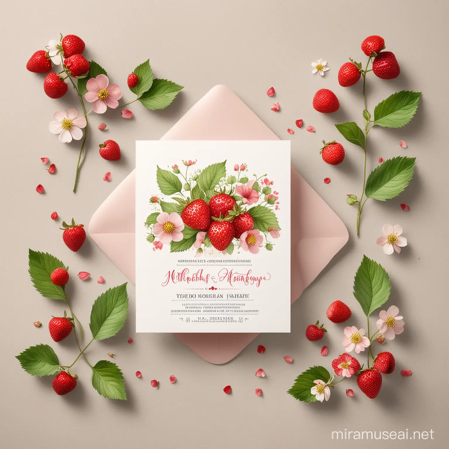 Watercolor Strawberry Invitation Mockup with Delicate Wild Strawberries and Petals