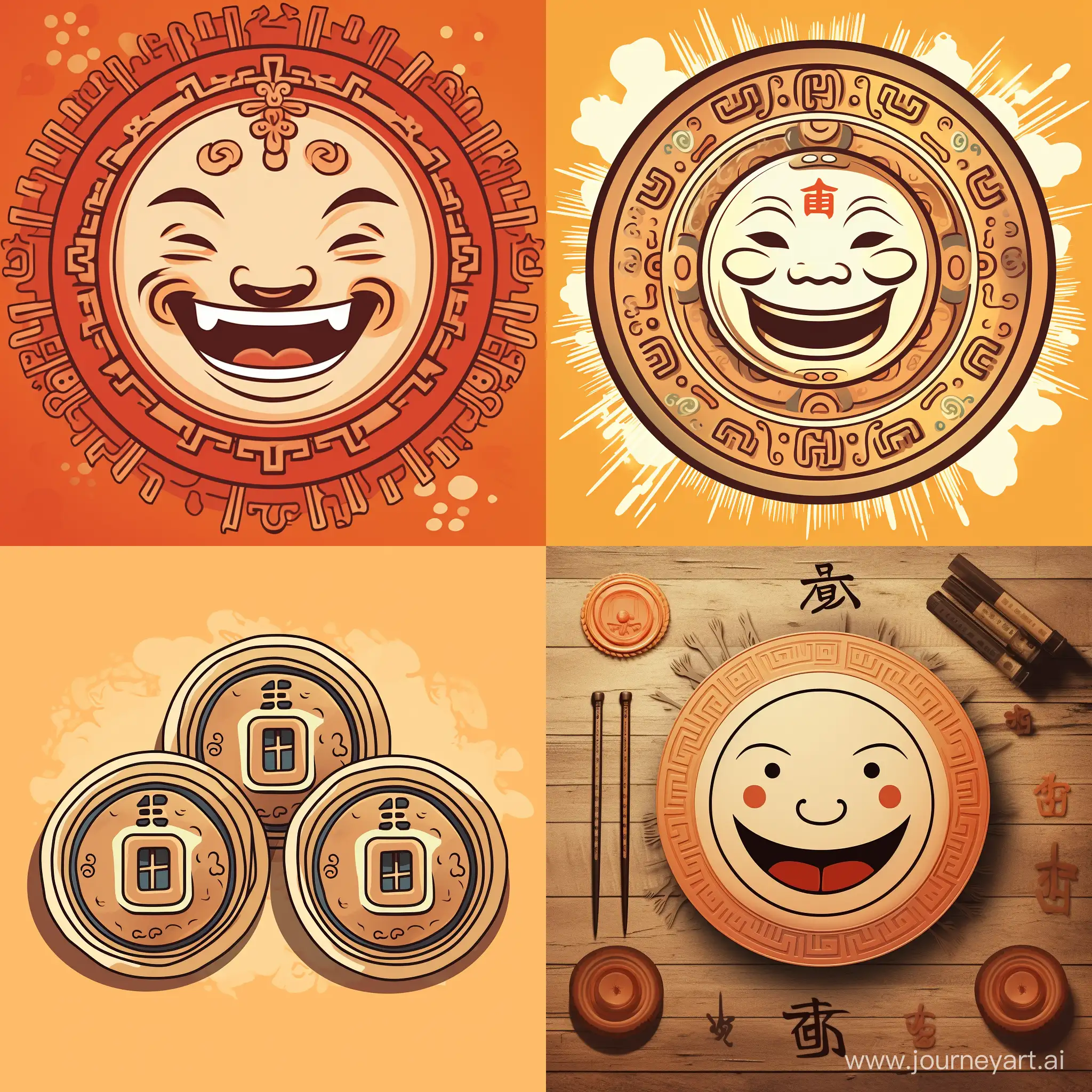 画一个中国古代铜钱，内部文字写上笑赚，内部3个钱眼画出笑脸的样子，同时生成线条风格简笔画，生成多组