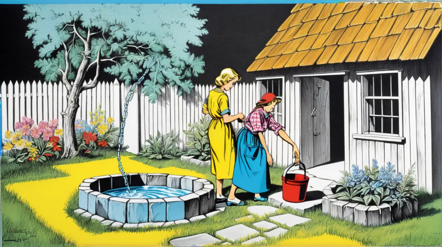 Drawing of a house with a yard, many years ago, water supply was from a "water well" located outside the house. A woman goes out to draw water from the well in the yard, chaining a bucket tied with a rope to the depth of the well, a relatively cumbersome task for modern life, spectacular colorful pop art.
