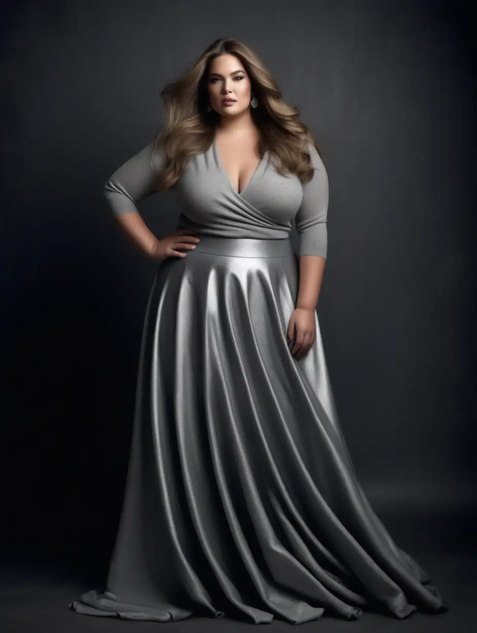 Stylish Plus Size Latina Model in Metallic Silver Evening Gown