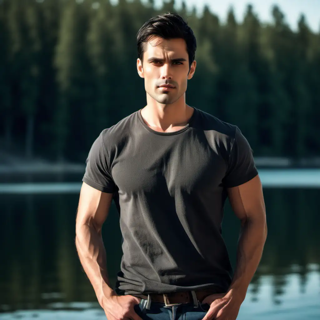 handsome dark haired man by lake, five o'clock shadow on his chiseled jawline. Wearing jeans and a t-shirt. Serious looking