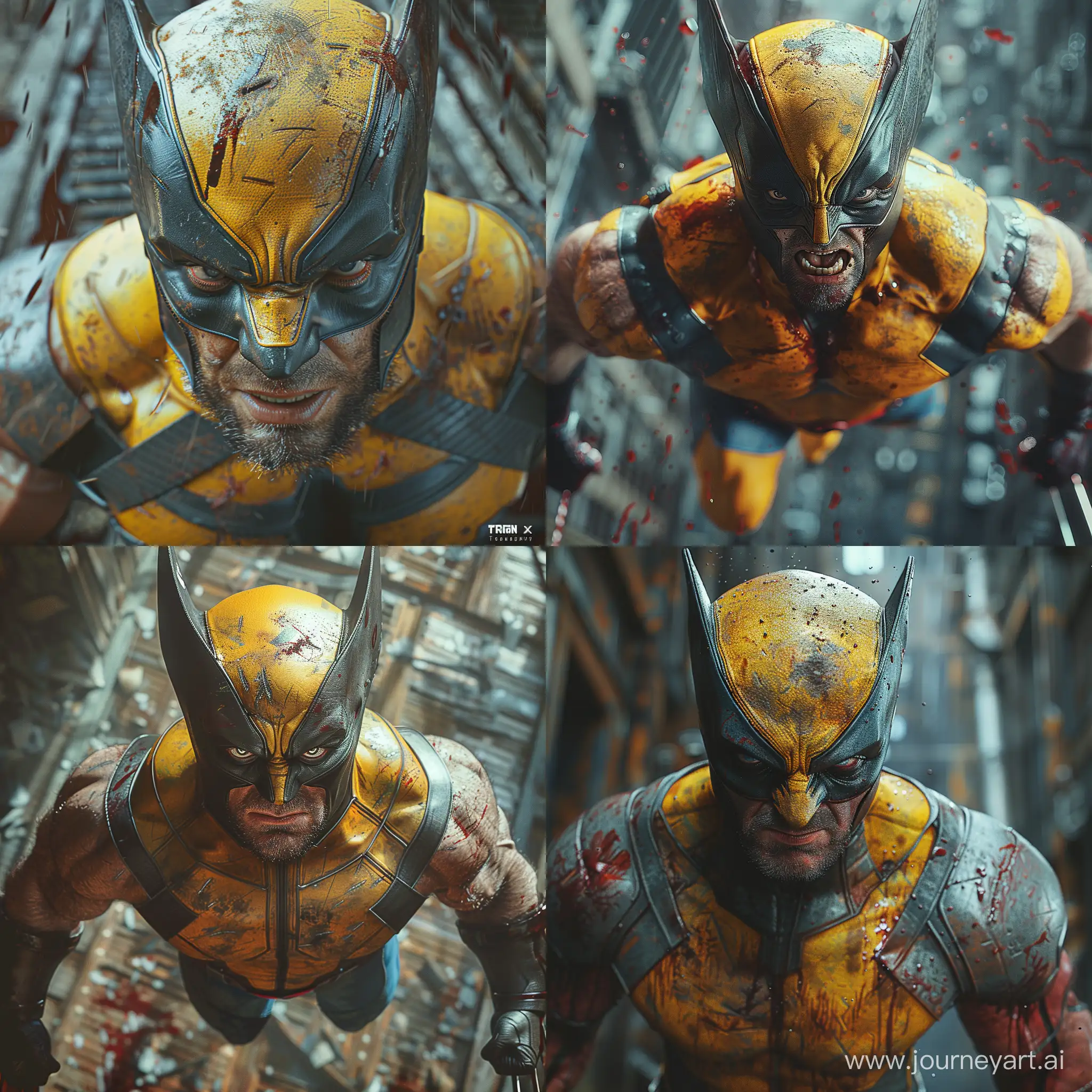 realistic wolverine x man
, looking down, cinematic, dark, prime 1 studio, (awe-inspiring:1.1), majestic, pompous, (floating in mid-air:1.5), (leviating:1.5), extreme detailed, chiaroscuro, harsh shadows, bloody highly detailed --style raw --stylize 500