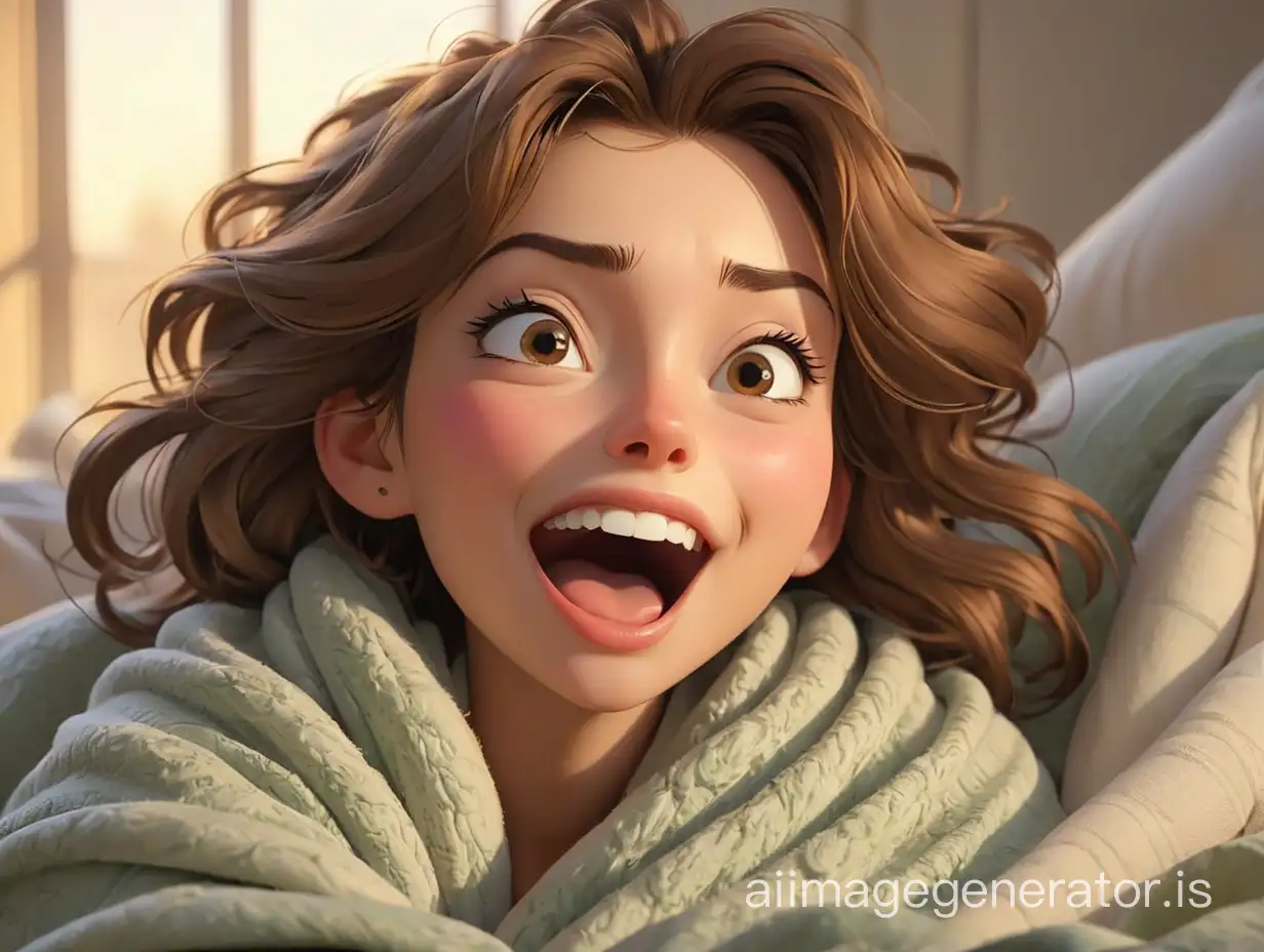 charming sleepy woman, light smile, winks, Coquettishly shows the tip of his tongue, sitting in bed wrapped in a blanket, sunny morning, trying to wake up, good morning, comics style, 3d modern cartoon style, pixar style, cgsociety, ultra detailed, artstation hd