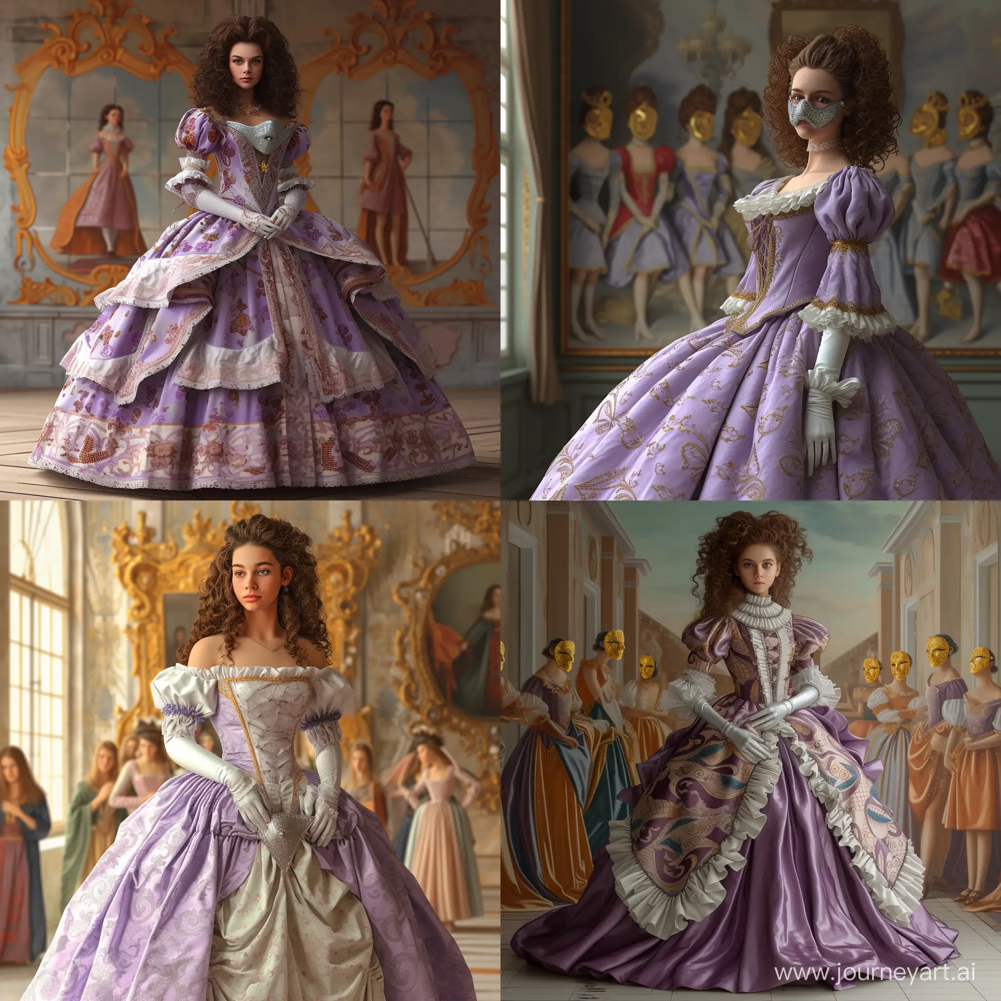 a very beautiful girl ((solo)) with brown curly hair, face and figure like Claudia Dean!!!!!!!!!!! She's wearing a lilac grand panier dress with a wide skirt and a pattern!!!!!!!!! and a silver mask hiding his face !!!!!!!mid-18th century, from the collection of the Victoria and Albert Museum. she stands tall against the background of the room, a very large detailed drawing in the form of five girls dressed in bright dresses and gold masks hiding their faces is visible on a wide skirt!!!!!!! and bright elbow - length gloves !!!!!!!! wide grand panier dress, huge dress, the most voluminous dress, princess, beautiful digital images, beautiful woman, beautiful woman, gorgeous and sweet, gorgeous, beautiful women, beauty, beautiful majestic digital art, queen, beautiful digital art, elegant digital painting, elegant digital art, perfect body, !front light, ((masterpiece)), ((best quality)), high detail, highest detail, ah, high detail, bright colors, HDR shooting, photorealistic, surrealism, ultra HD, realistic, bright colors, high detail, UHD drawing, , beautifully detailed, intricate, insanely detailed octane rendering trending on artstation, 8k art photography, photorealistic concept art, soft natural volumetric cinematic perfect light, , beautiful digital work, beautiful fantasy girl, Karol Buck uhd, beautiful fabulous rendering, beautiful magnificent digital art, beautiful UHD art 4k, stunning digital illustration, highly detailed 4k digital art, magnificent digital art, exquisite digital illustration, beautiful digital illustration