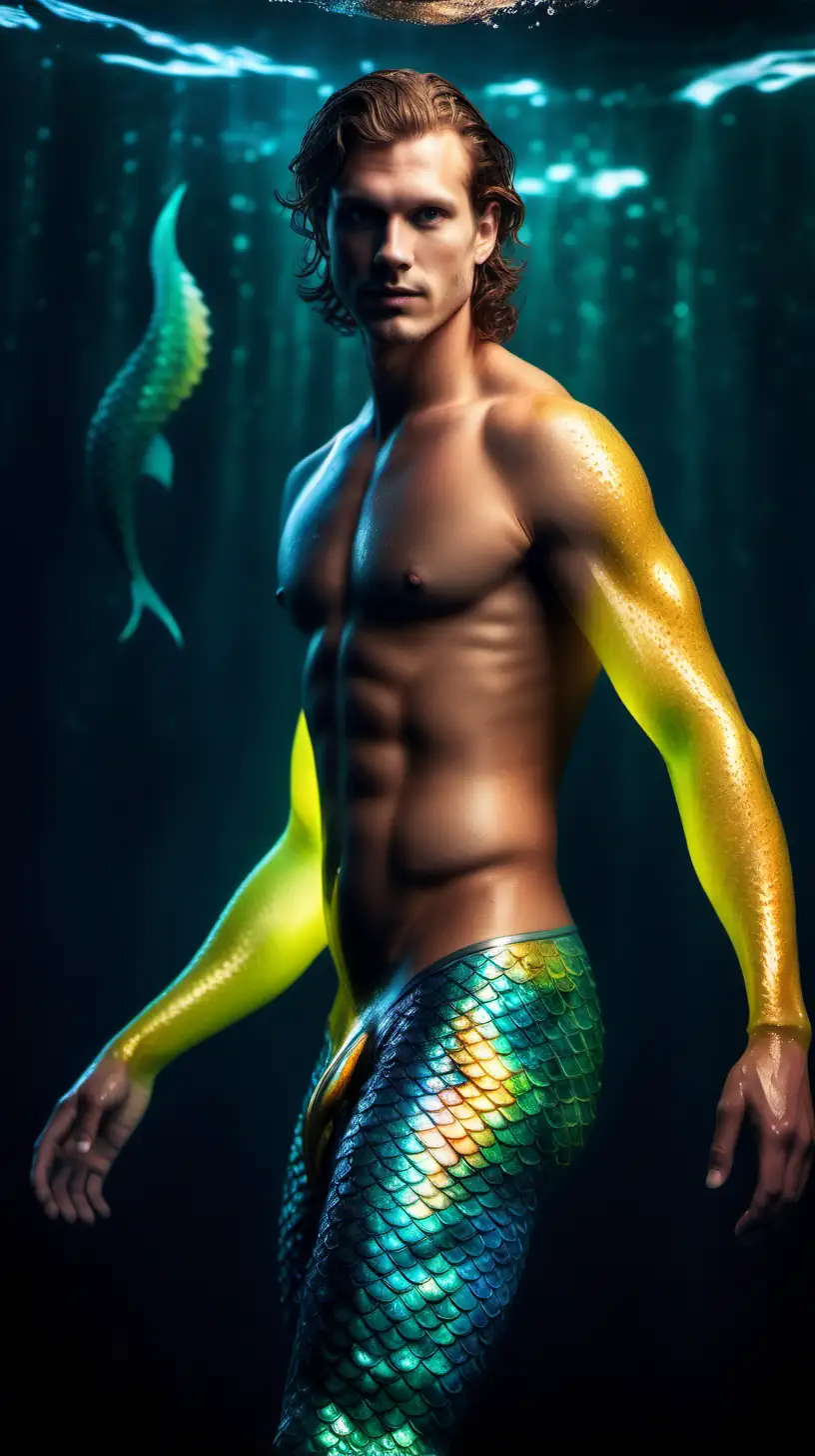 male Swedish wet neon mermaid body Prompt /imagine prompt : An ultra-realistic photograph captured with a canon 5d mark III camera, equipped with an 85mm lens at F 1.8 aperture setting, portraying male athlete mermaid body with tail. The background is under the sea, dark with soft yellow light highlighting the subject. The image, shot in high resolution and a 9:16 aspect ratio, captures the subject’s natural beauty and sexuality with stunning realism Soft spot light gracefully illuminates the subject’s body, highlighting the body, casting a dreamlike glow. make it really realistic and detailed --ar 9:16 --v 5.3 --style raw