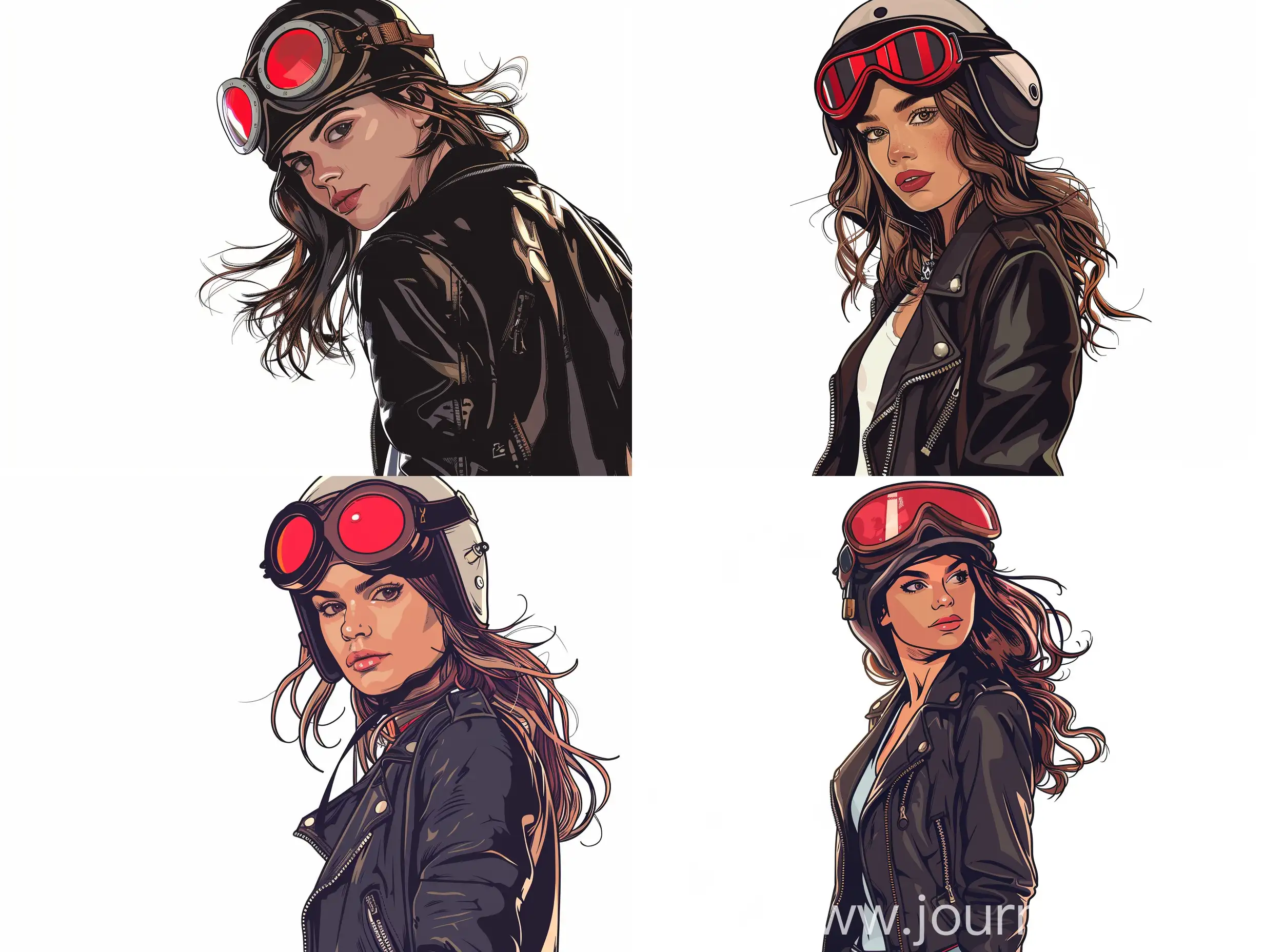 attractive young woman, wear a cool black leather jacket, a pilot hat with red-tinted goggles, 2D drawing, flat, cartoon, comic, digital art, simplified, white background