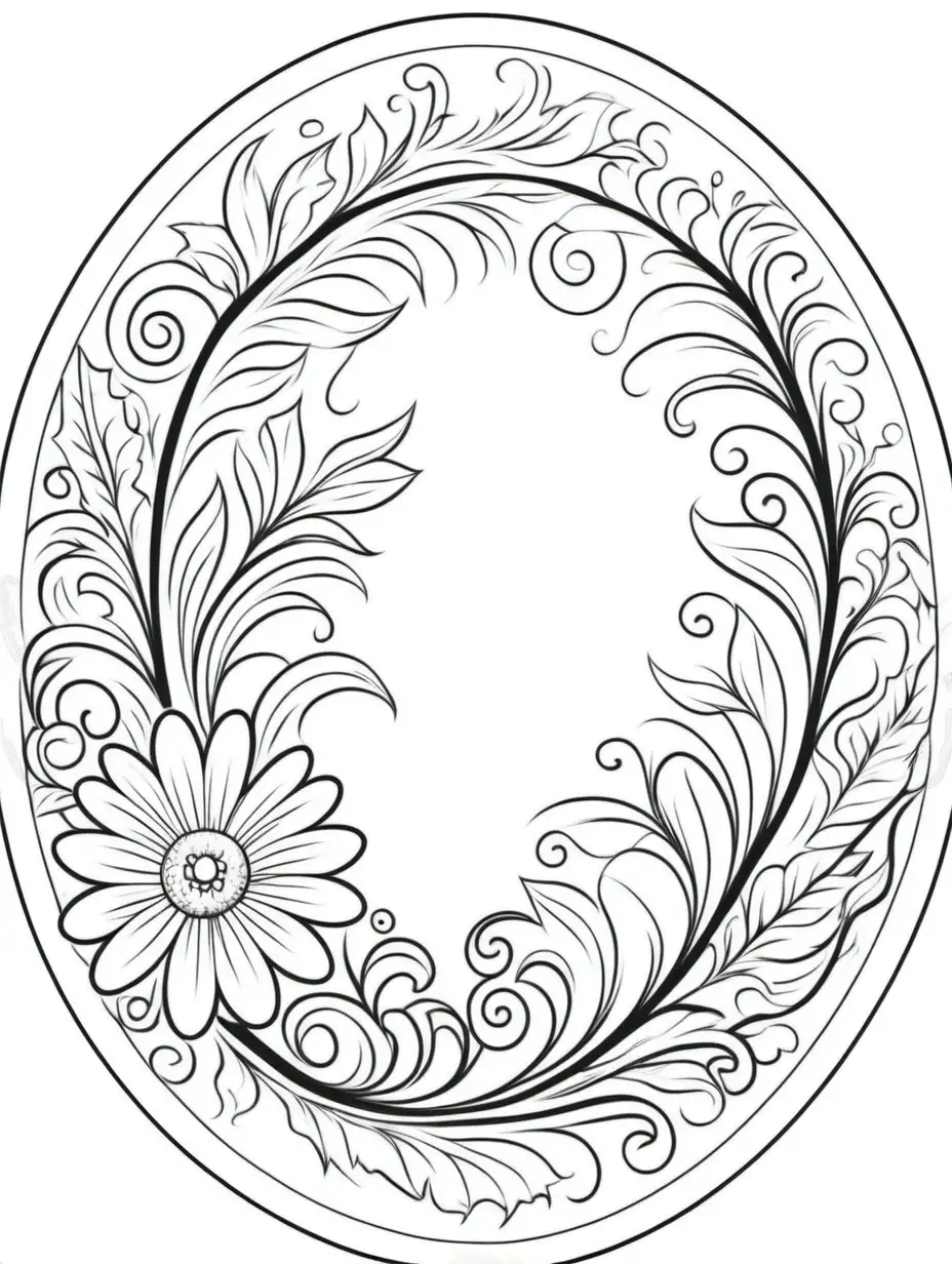 simple coloring page, artistic oval and floral, black and white, white background, no shading, simple design, digital art