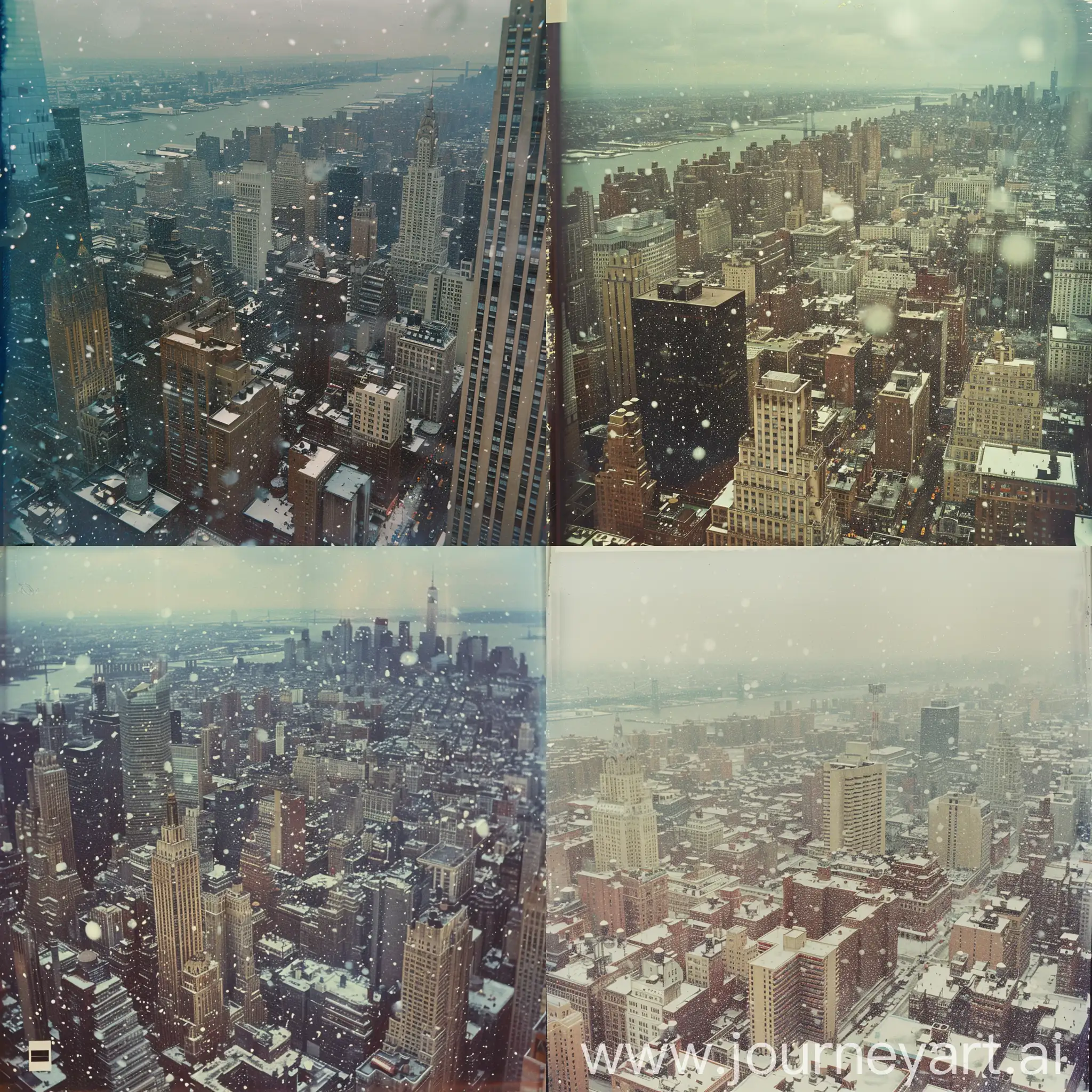 Drone view of New York City, 1970s, polaroid, snowing