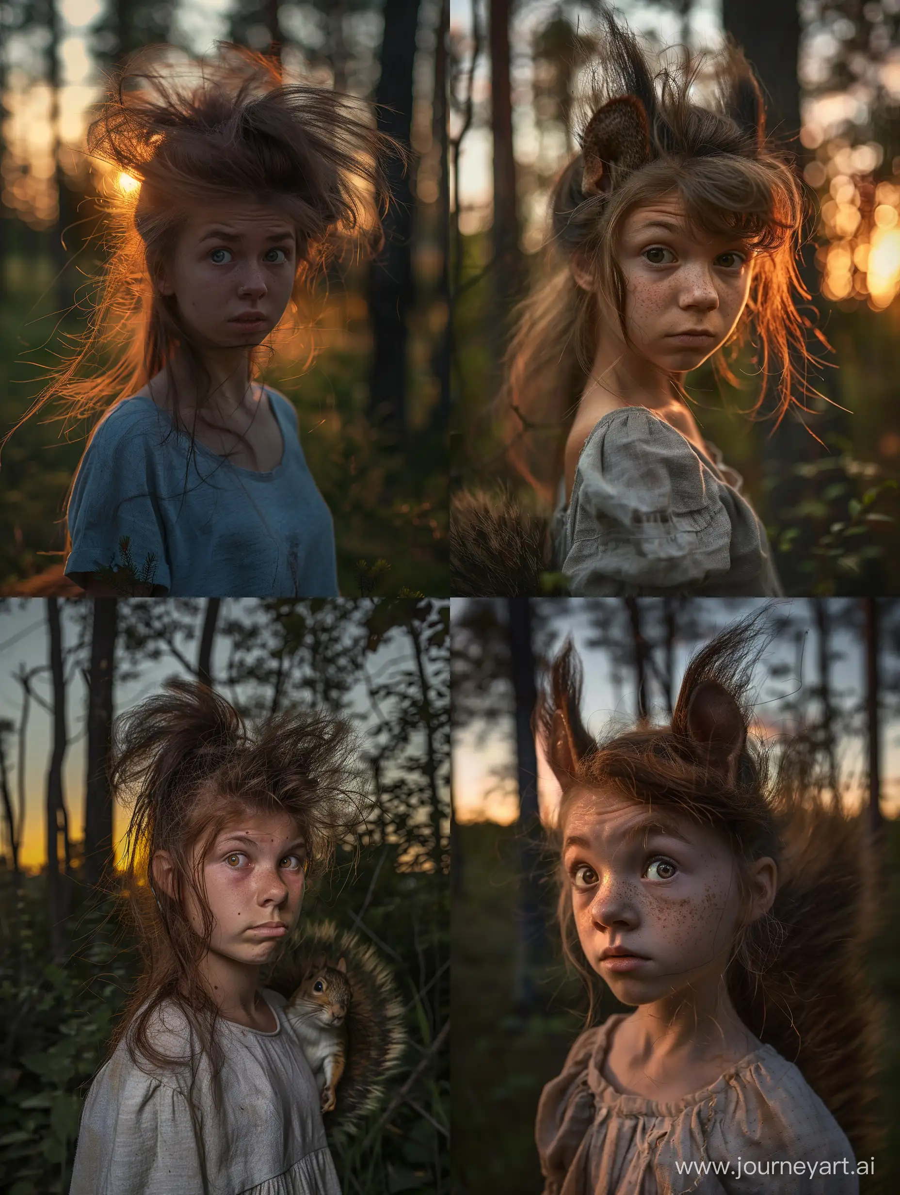 A young woman with loose brown hair, who has been transformed into a squirrle. The photo is taken while the transformation is almost completed. She is standing in a forest at sunset. She has a confused expression. She is very little. Realistic photograph, full body picture.