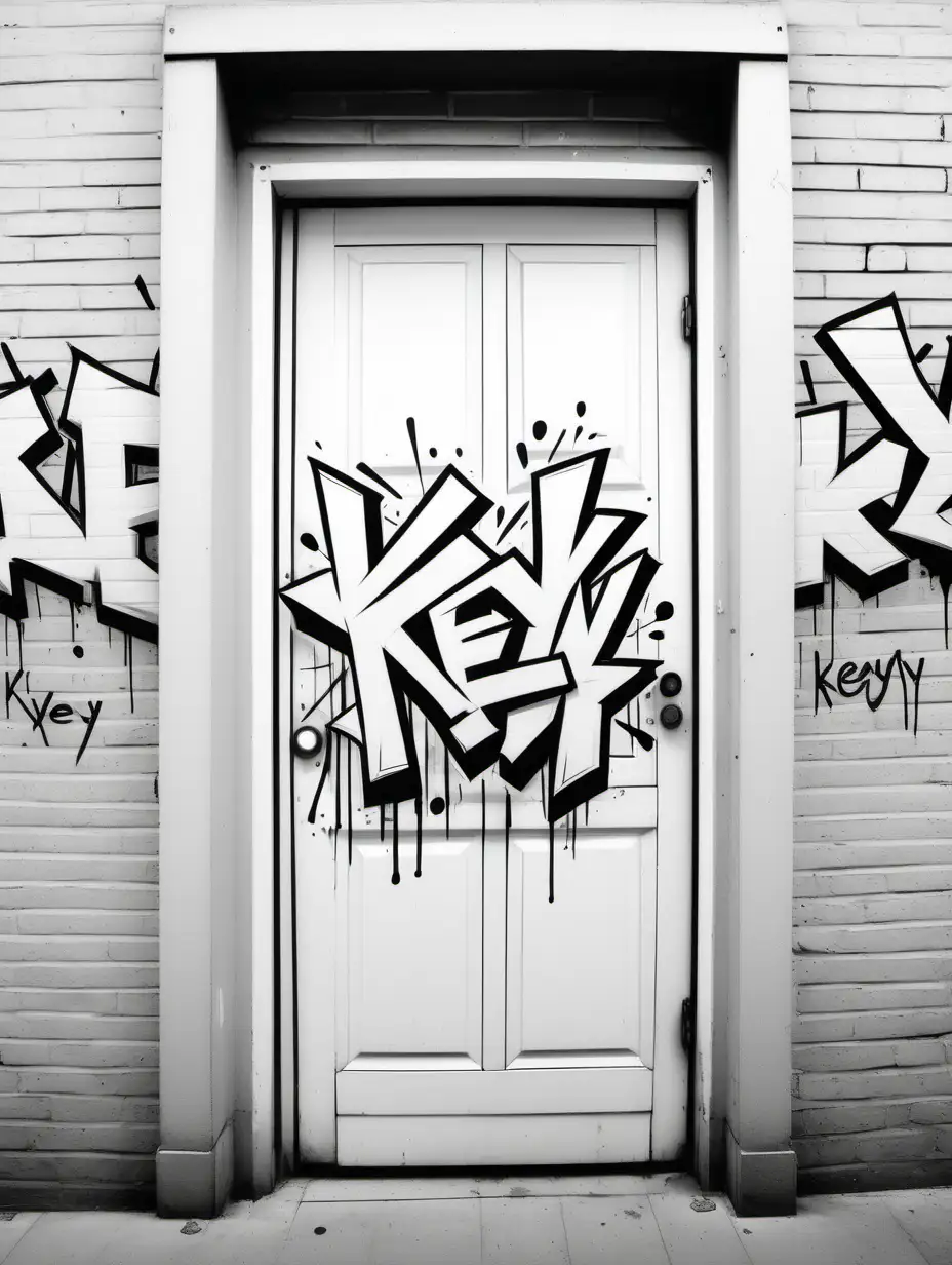 Create a colouring page, all white , black outline, no colour, graffiti art with the word K E Y, door ,on a wall, no shading, low detail, white background , colouring page