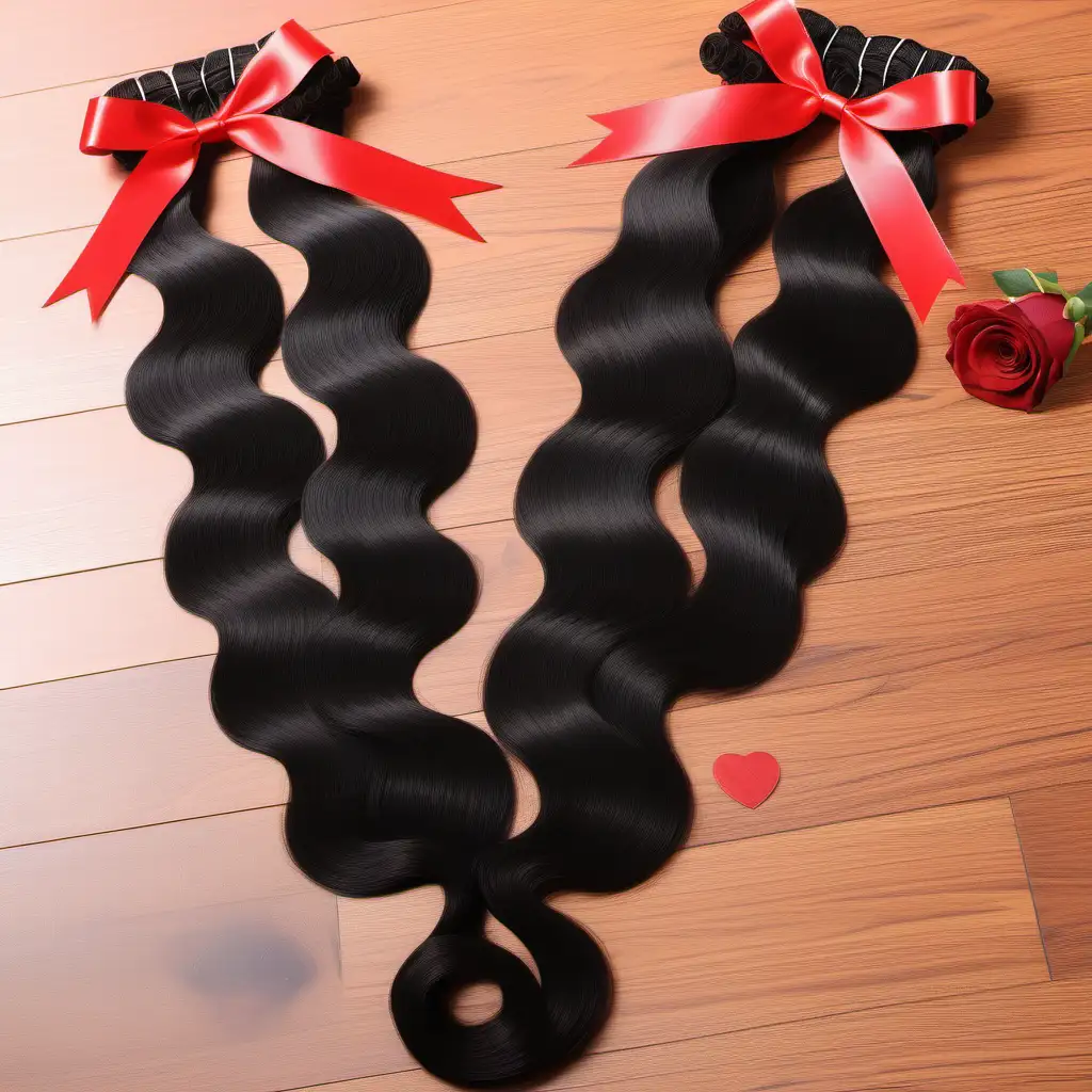black Raw hair, raw bundles, individual, floor angle, valentine, red ribbon, corner angle
