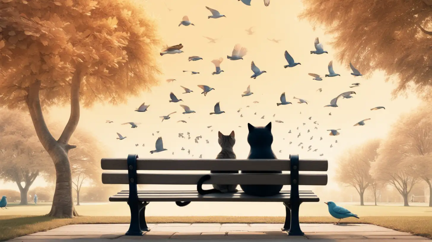 "Design an image of a cat sitting on a park bench, watching as a family of birds flies away, leaving it with a sense of loneliness."