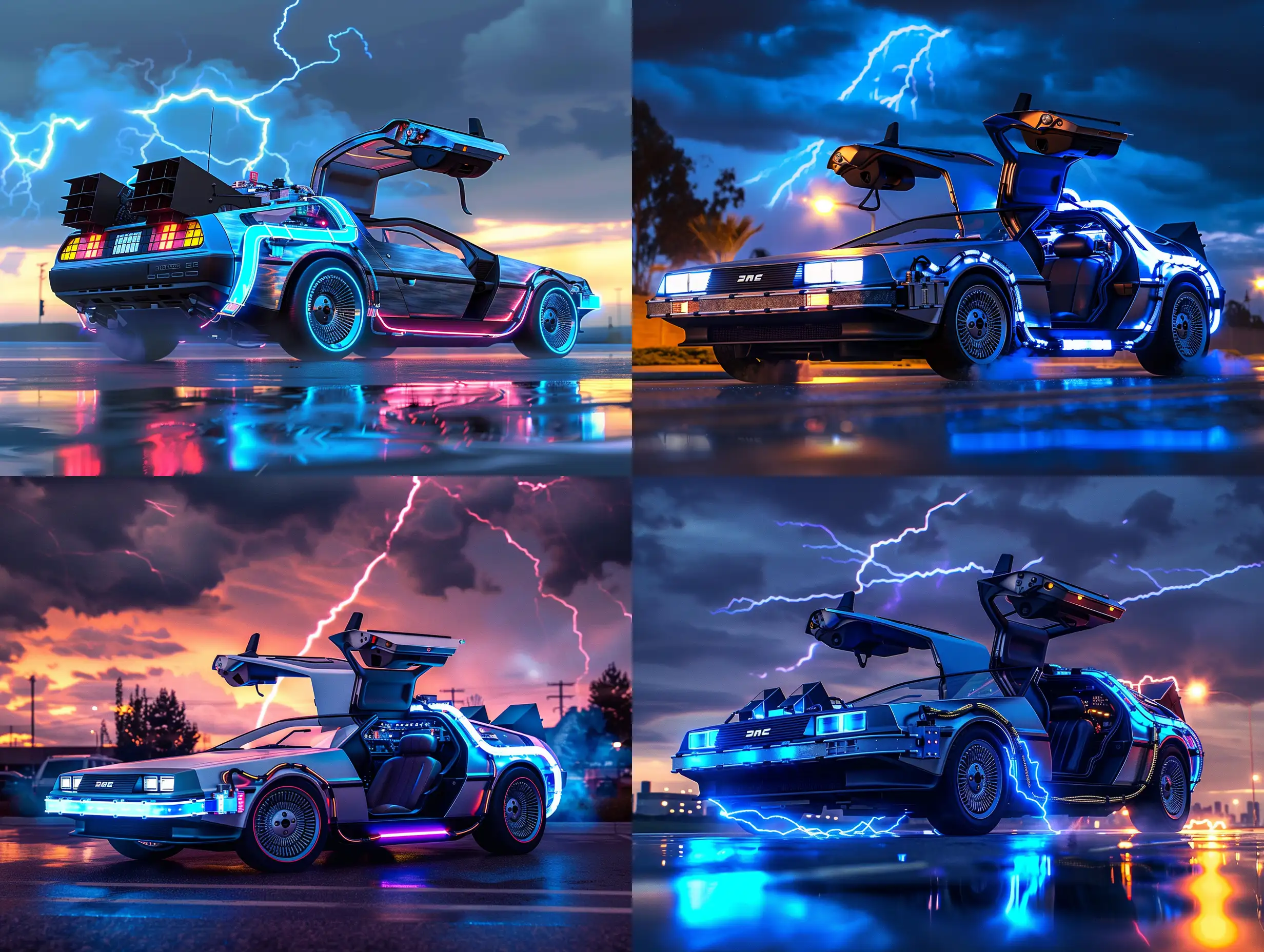 Back-to-the-Future-DeLorean-with-Blue-Lightning-and-Fire-Trails-in-a-SciFi-Landscape