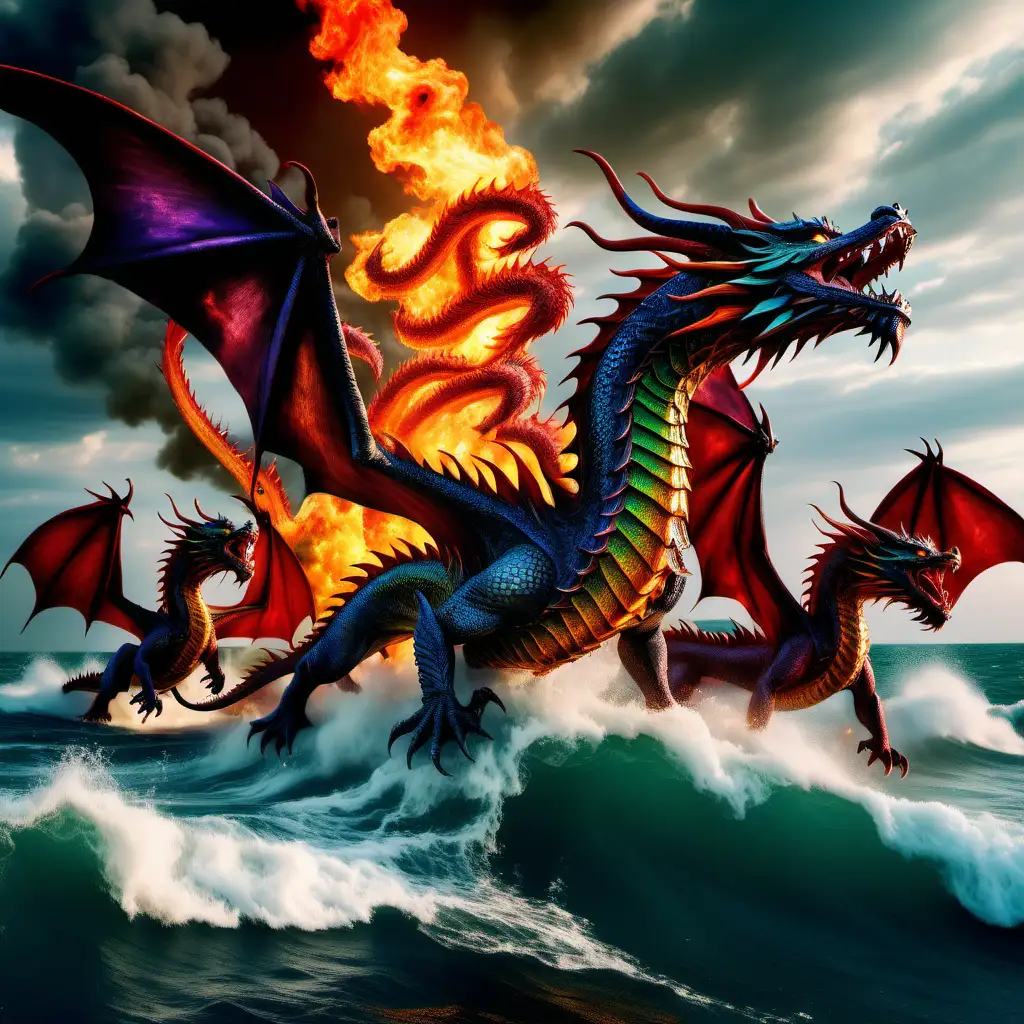 army of flying dragons in the sea, the dragons spew fire in epic style, colorful realism, ultra detailed photography