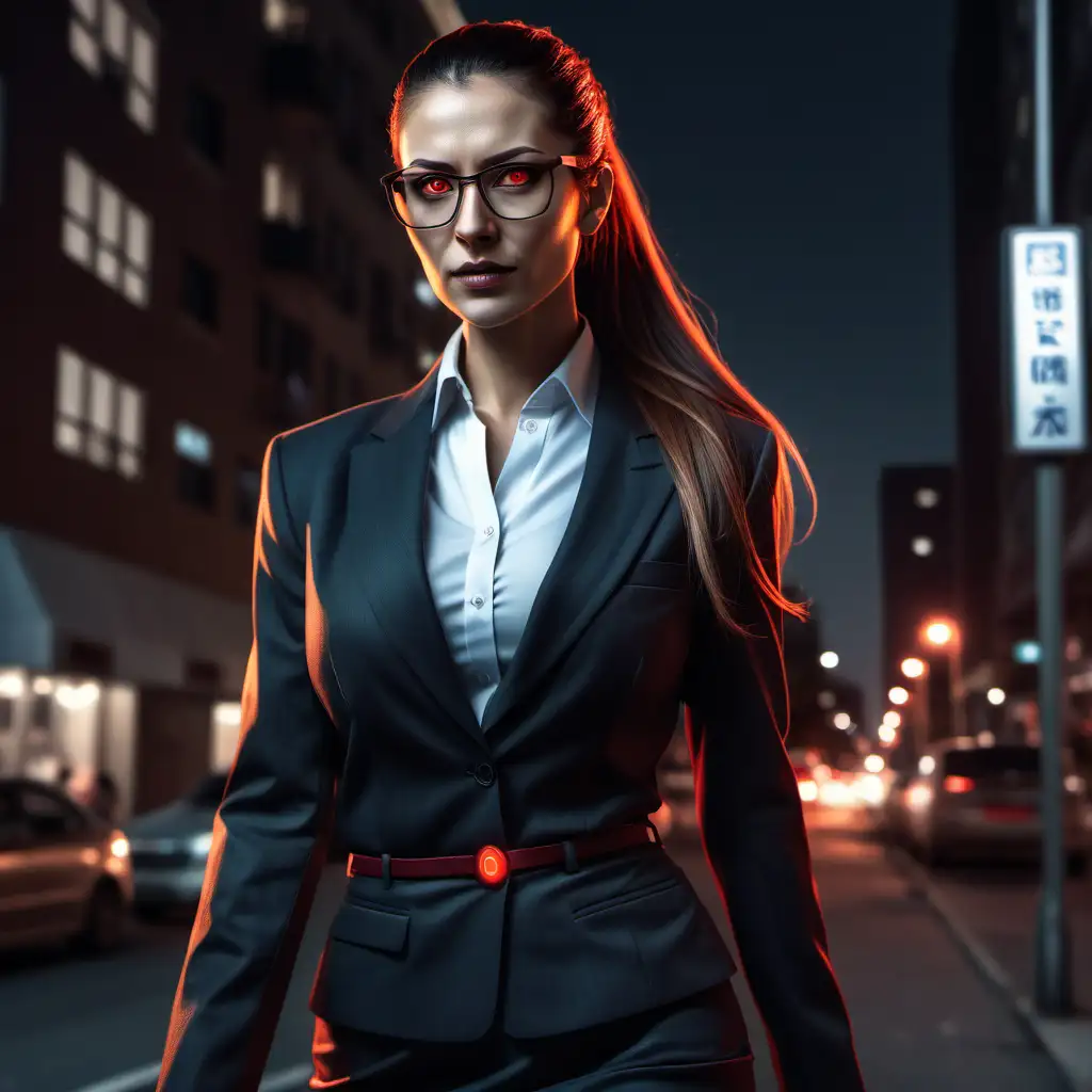 A female Malkavian, long hair, tight ponytail, glowing red eyes, glasses, businesswoman, wearing a suit, long skirt, standing outside on the street at night, realistic
