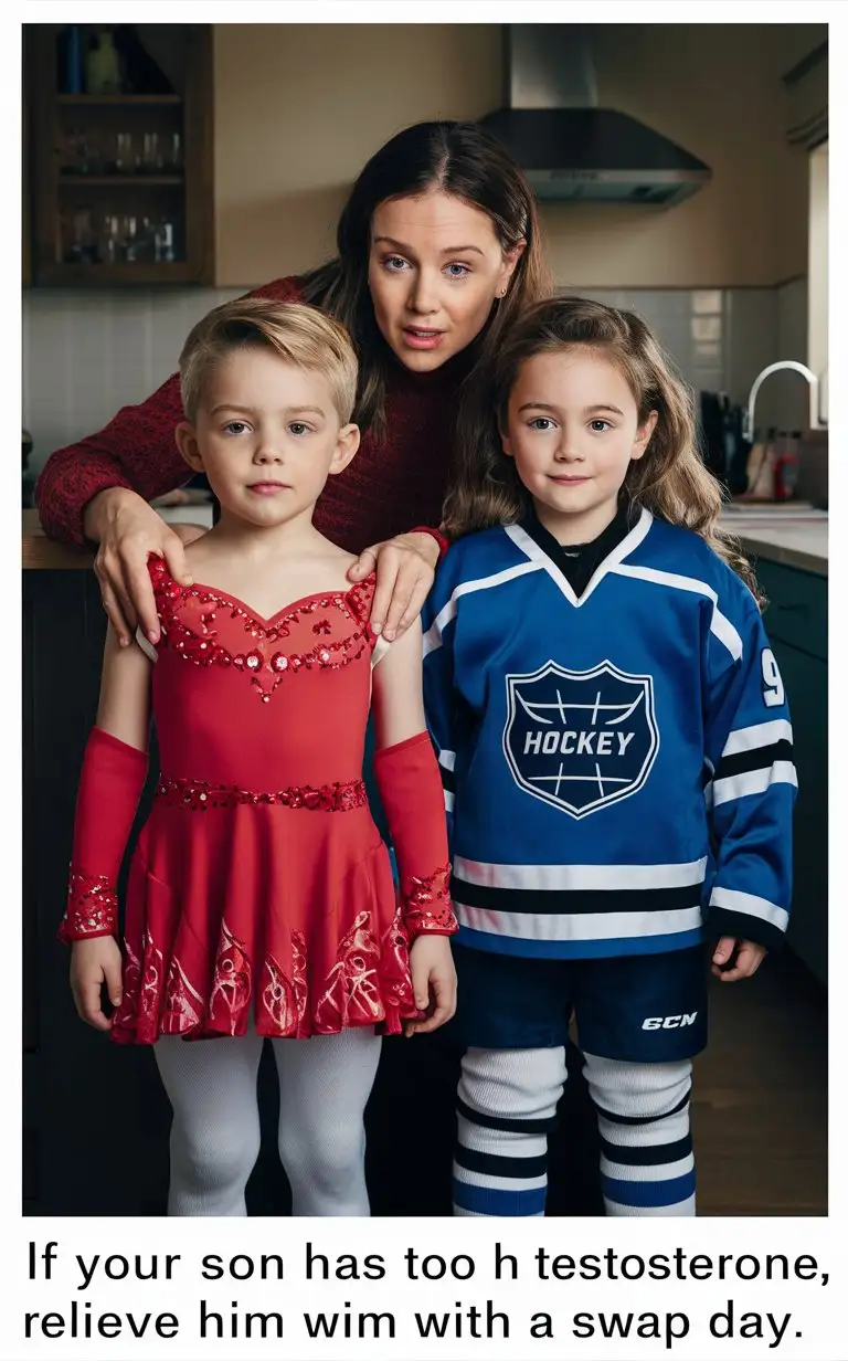 Gender role-reversal, Photograph of a mother dressing her young son, a boy age 8 with short smart blonde hair shaved on the sides, he is wearing a frilly sparkly red ice skating dress, and her young daughter, a girl age 9 with long hair in a ponytail, in a she is dressed in a blue ice hockey uniform, in a kitchen, adorable, perfect children faces, perfect faces, clear faces, detailed faces, perfect eyes, perfect noses, smooth skin, photograph style, the photograph is captioned below “if your son has too much testosterone, relieve him with a swap Day!”