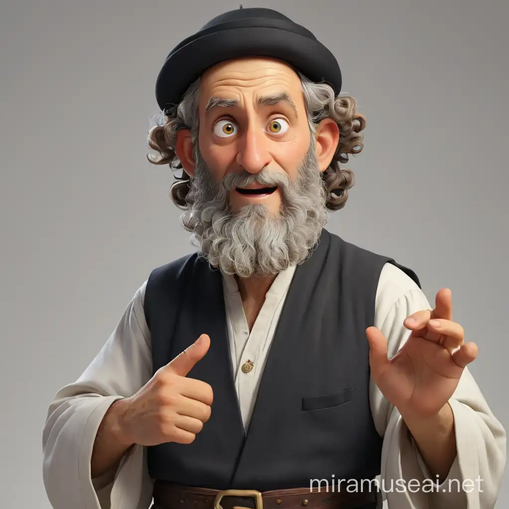 The rabbi looks at his feet in surprise and points there with his hand. He has curls at his temples and is dressed in traditional Jewish clothing. His face expresses wonder. We see him in full growth.  In the style of realism, 3D animation