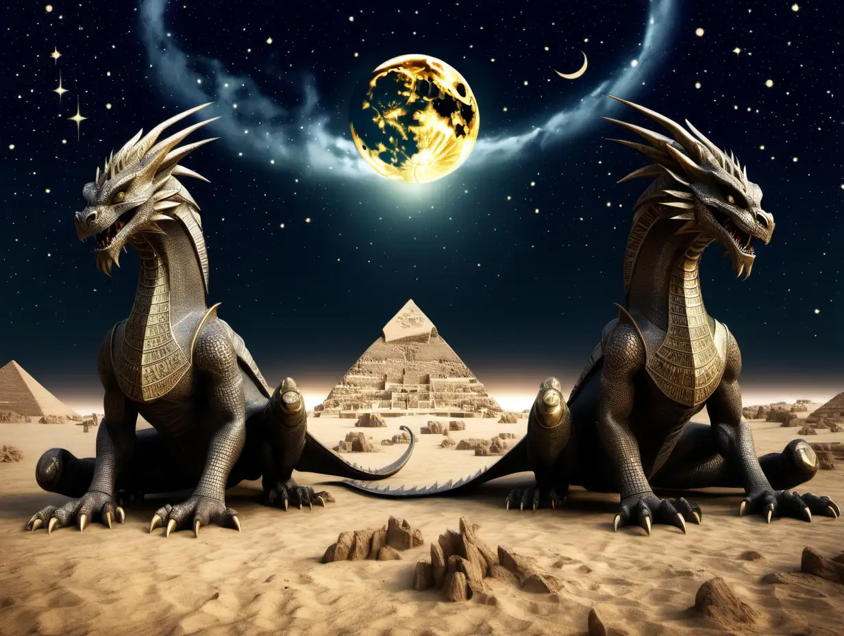 Enchanting Night Dragons in Ancient Egypt Under Starry Sky